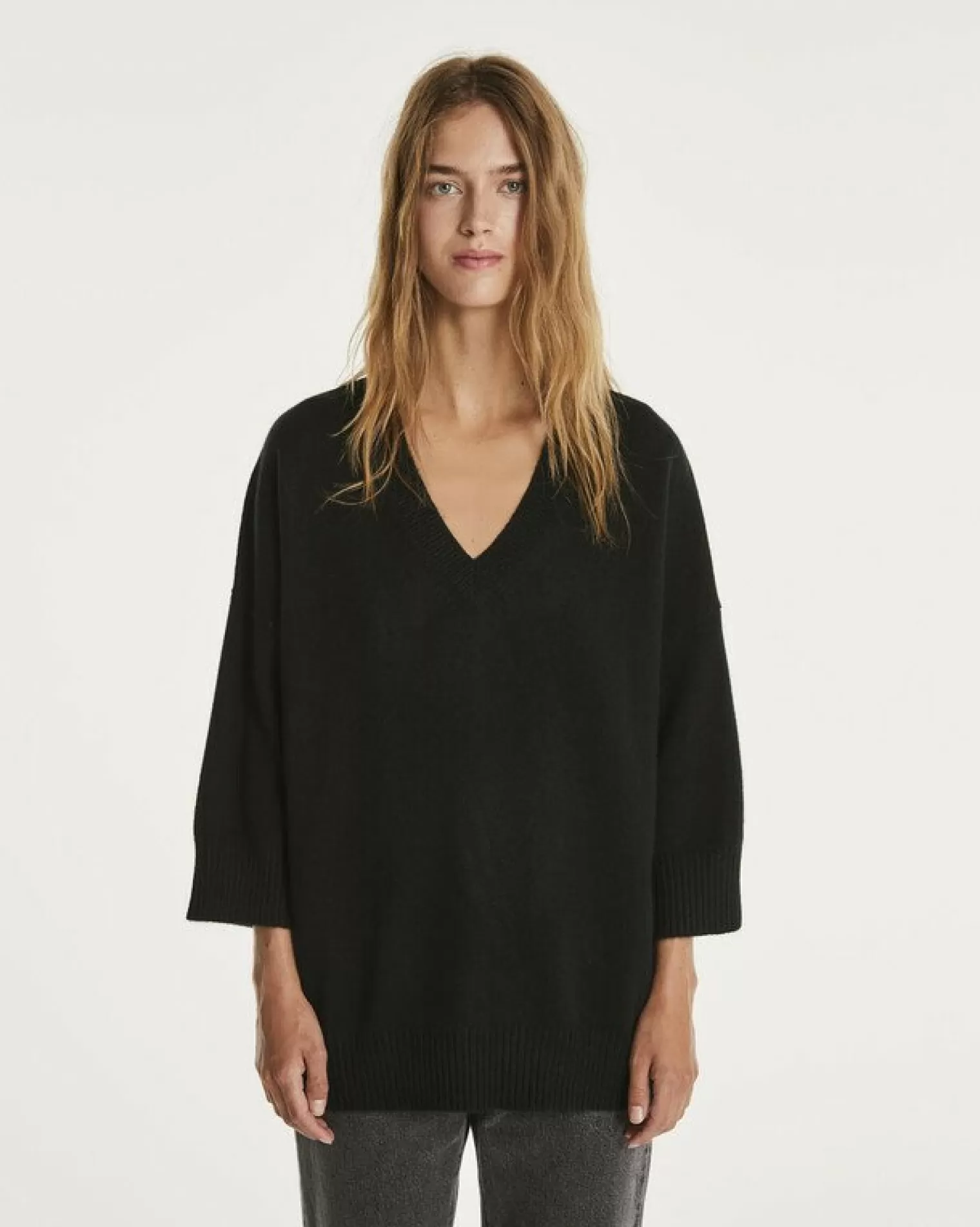 Kujten Sweaters & Sweatshirts>3/4 Sleeve Oversized Cashmere Sweater Noir