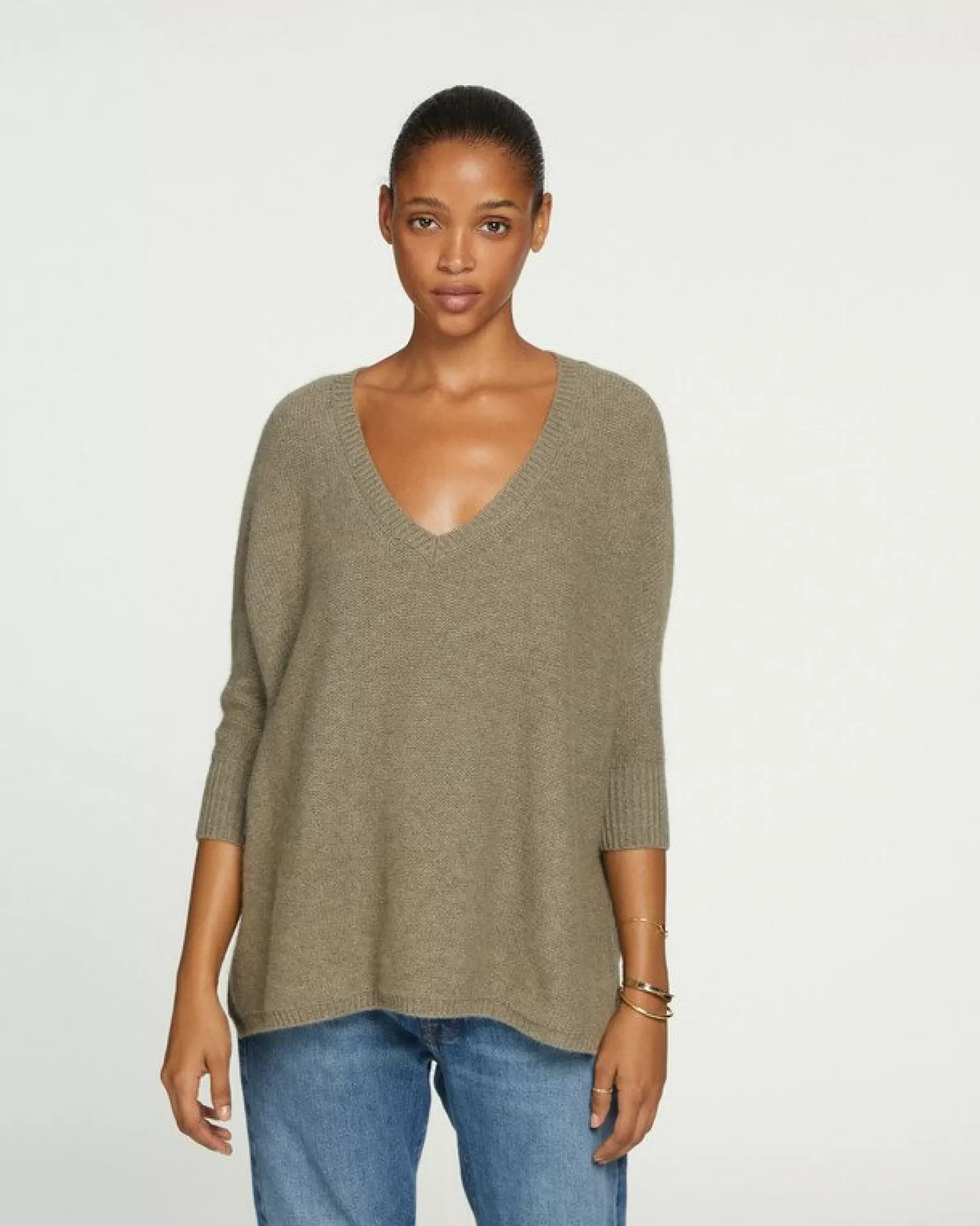 Kujten Sweaters & Sweatshirts>3/4 Sleeves Oversized Cashmere Sweater Kaki Chine