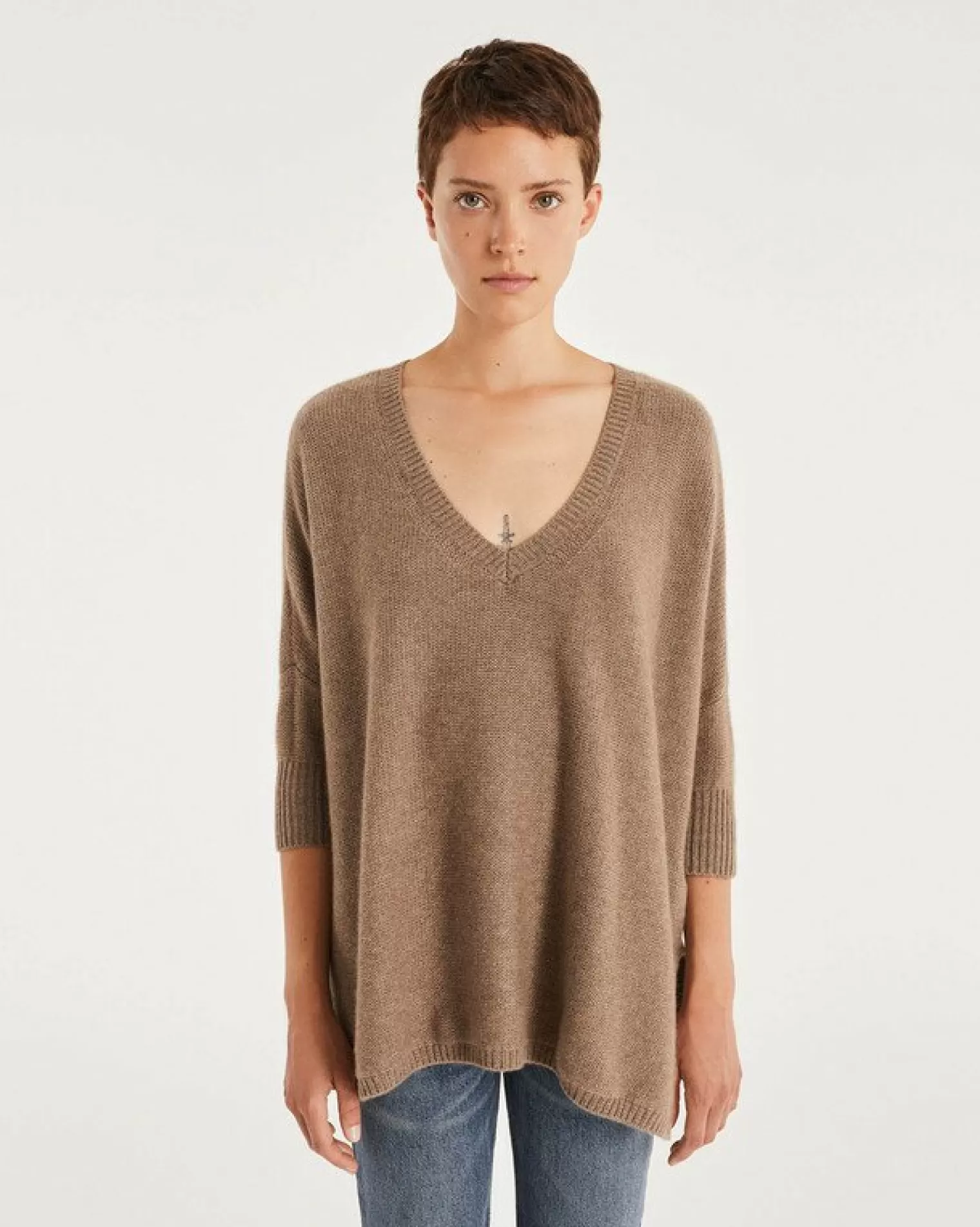 Kujten Sweaters & Sweatshirts>3/4 Sleeves Oversized Cashmere Sweater Beige Taupe