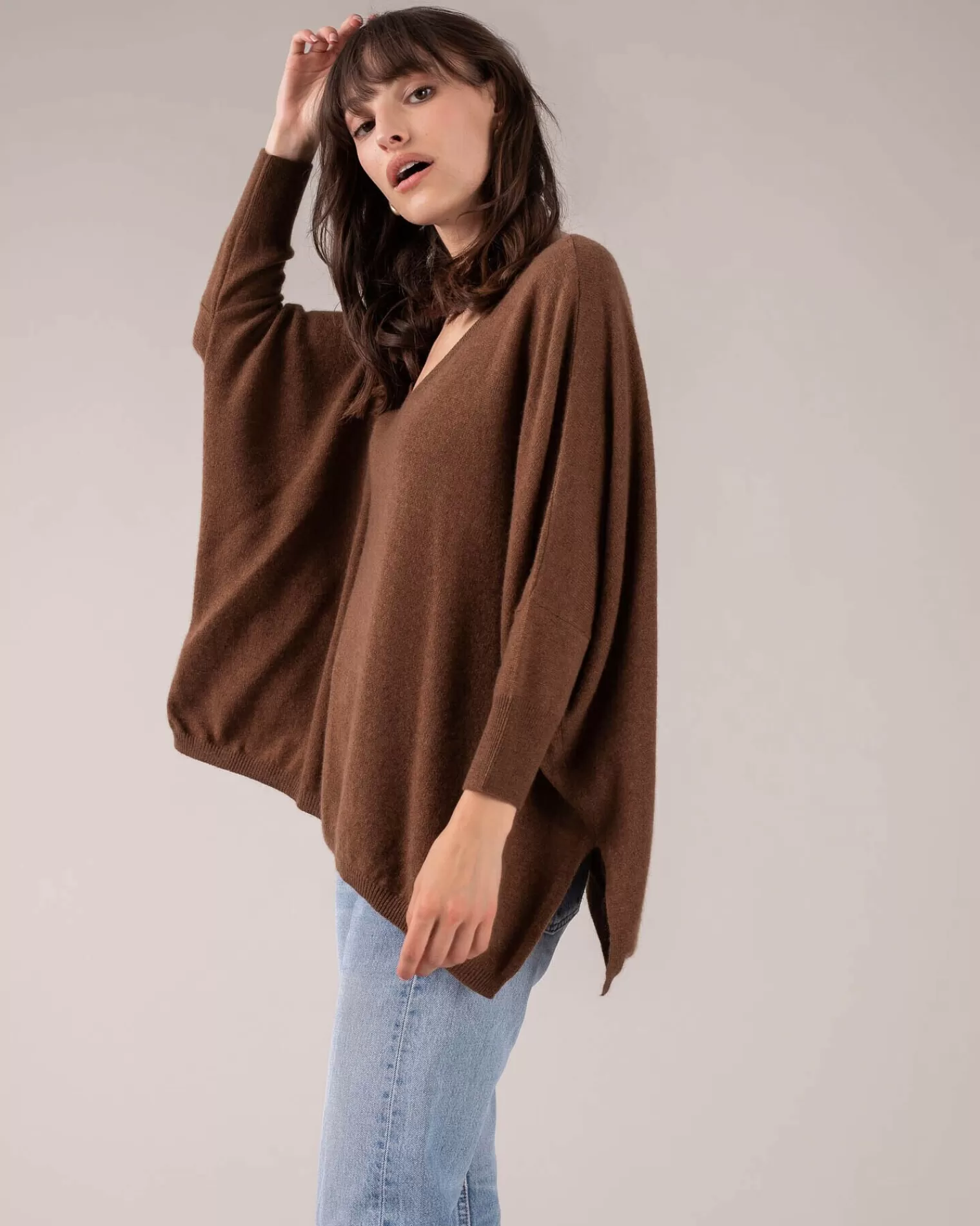 Kujten Sweaters & Sweatshirts>3/4 Sleeves V-Neck Cashmere Sweater Marron Epice