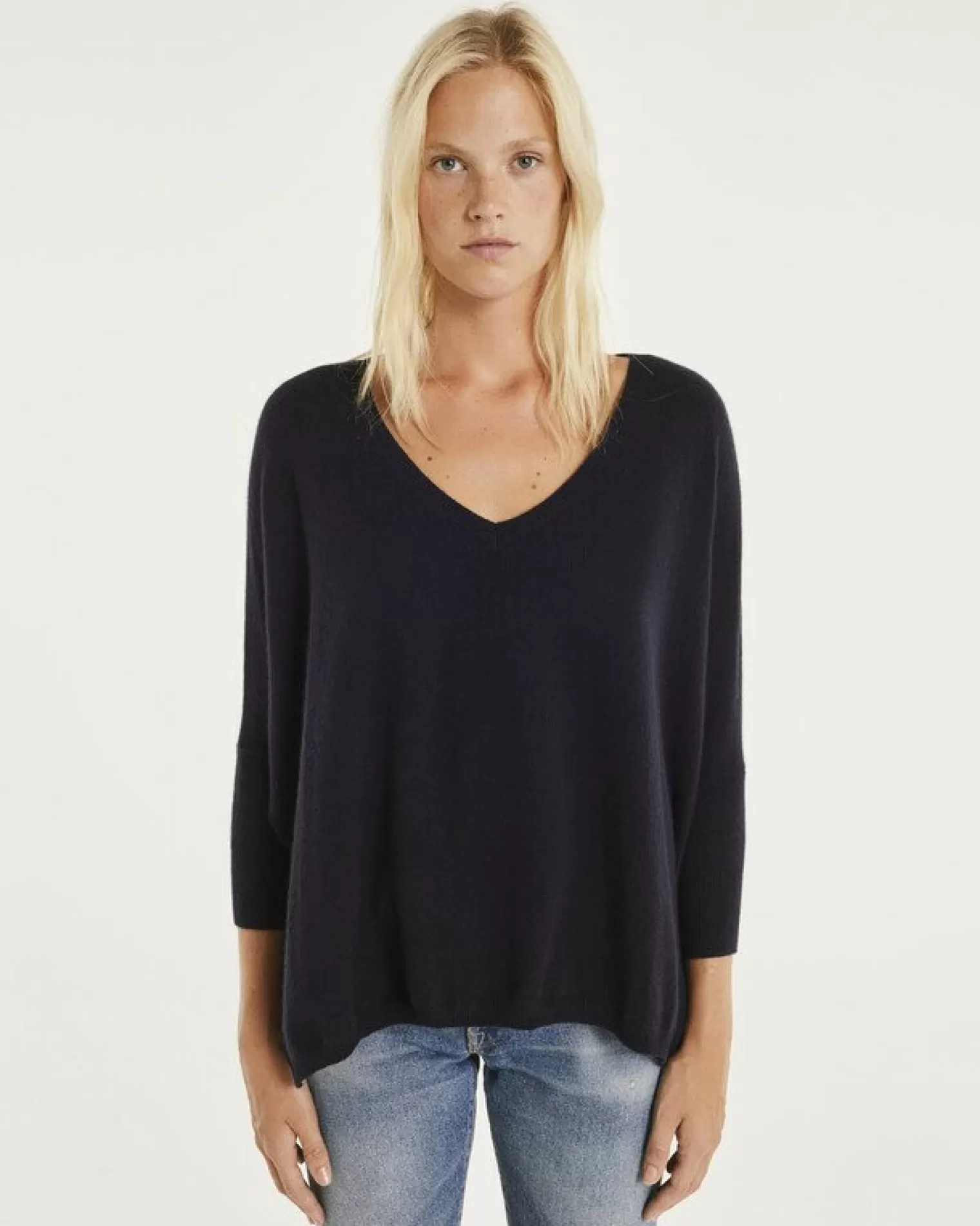 Kujten Sweaters & Sweatshirts>3/4 Sleeves V-Neck Cashmere Sweater Bleu Marine Fonce