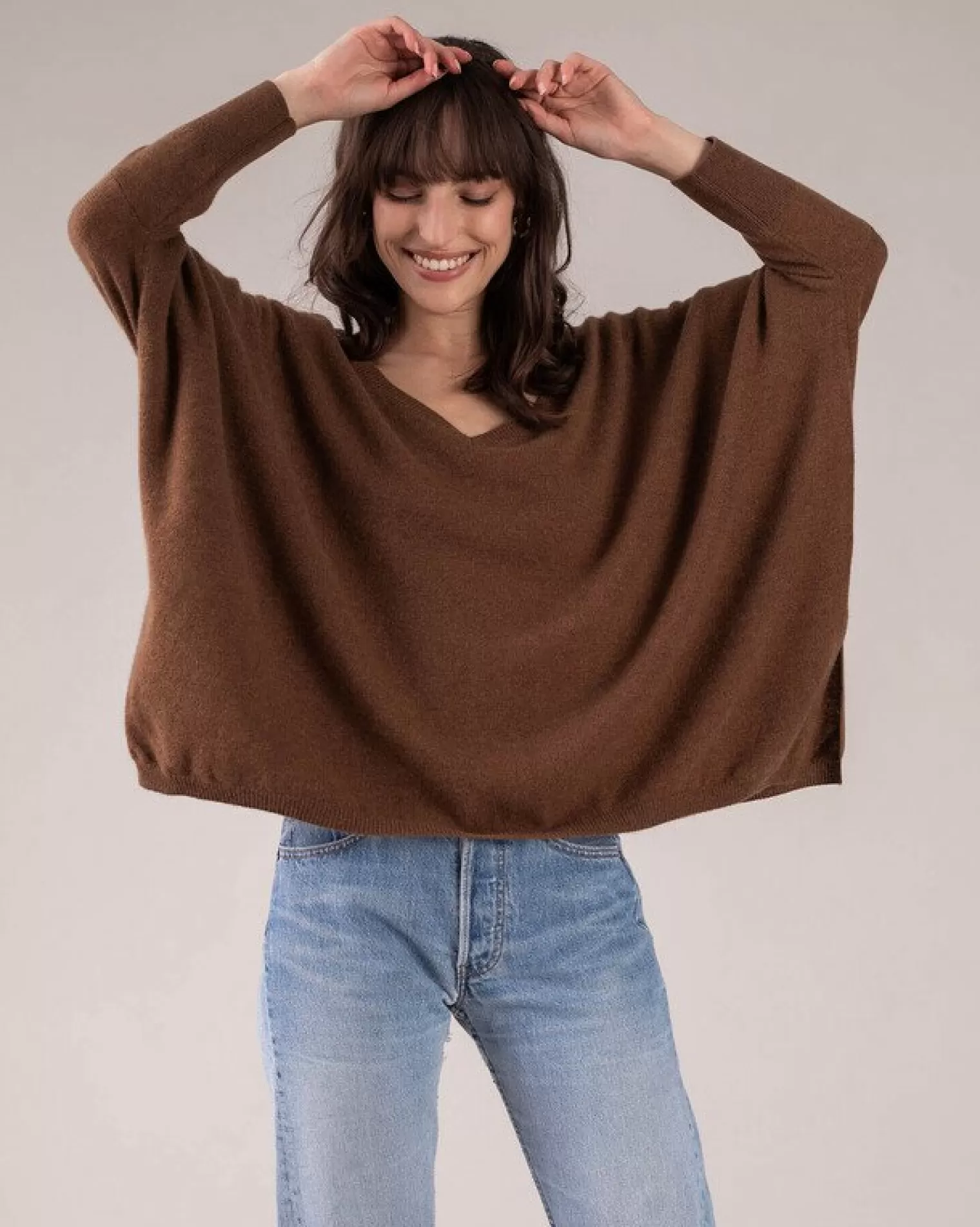 Kujten Sweaters & Sweatshirts>3/4 Sleeves V-Neck Cashmere Sweater Marron Epice