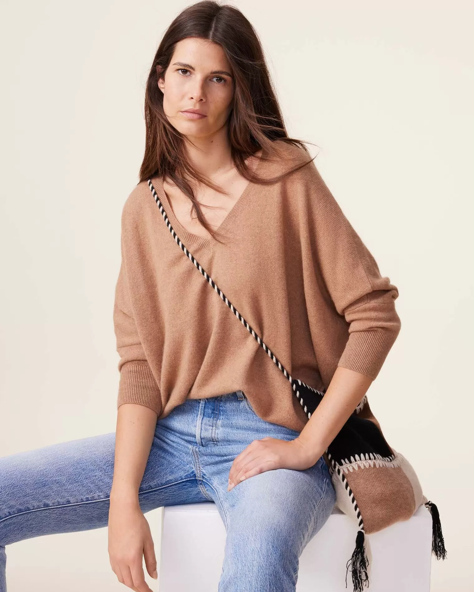 Kujten Sweaters & Sweatshirts>3/4 Sleeves V-Neck Cashmere Sweater, 2-Threads Camelo