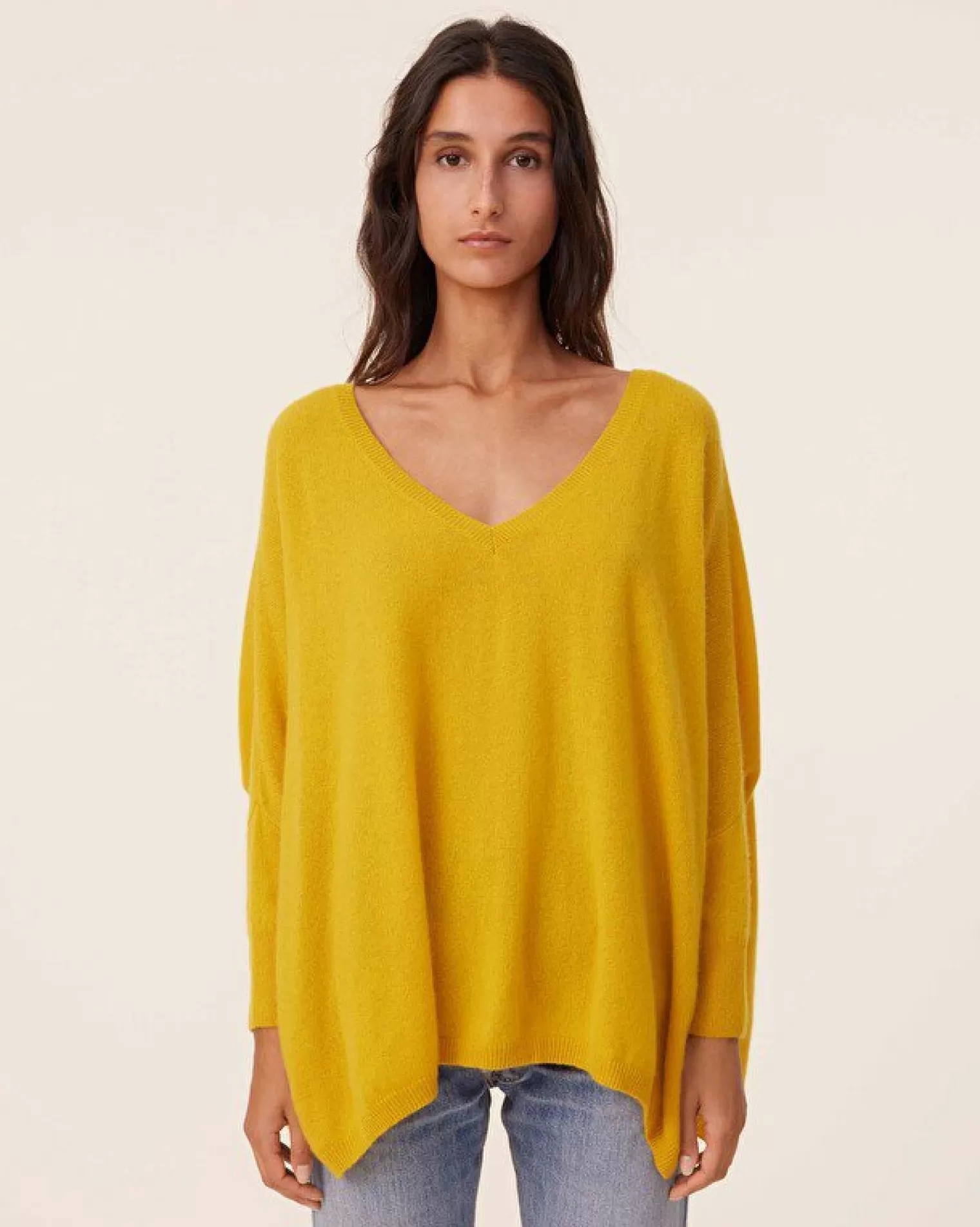 Kujten Sweaters & Sweatshirts>3/4 Sleeves V-Neck Cashmere Sweater, 2-Threads Jaune Safran