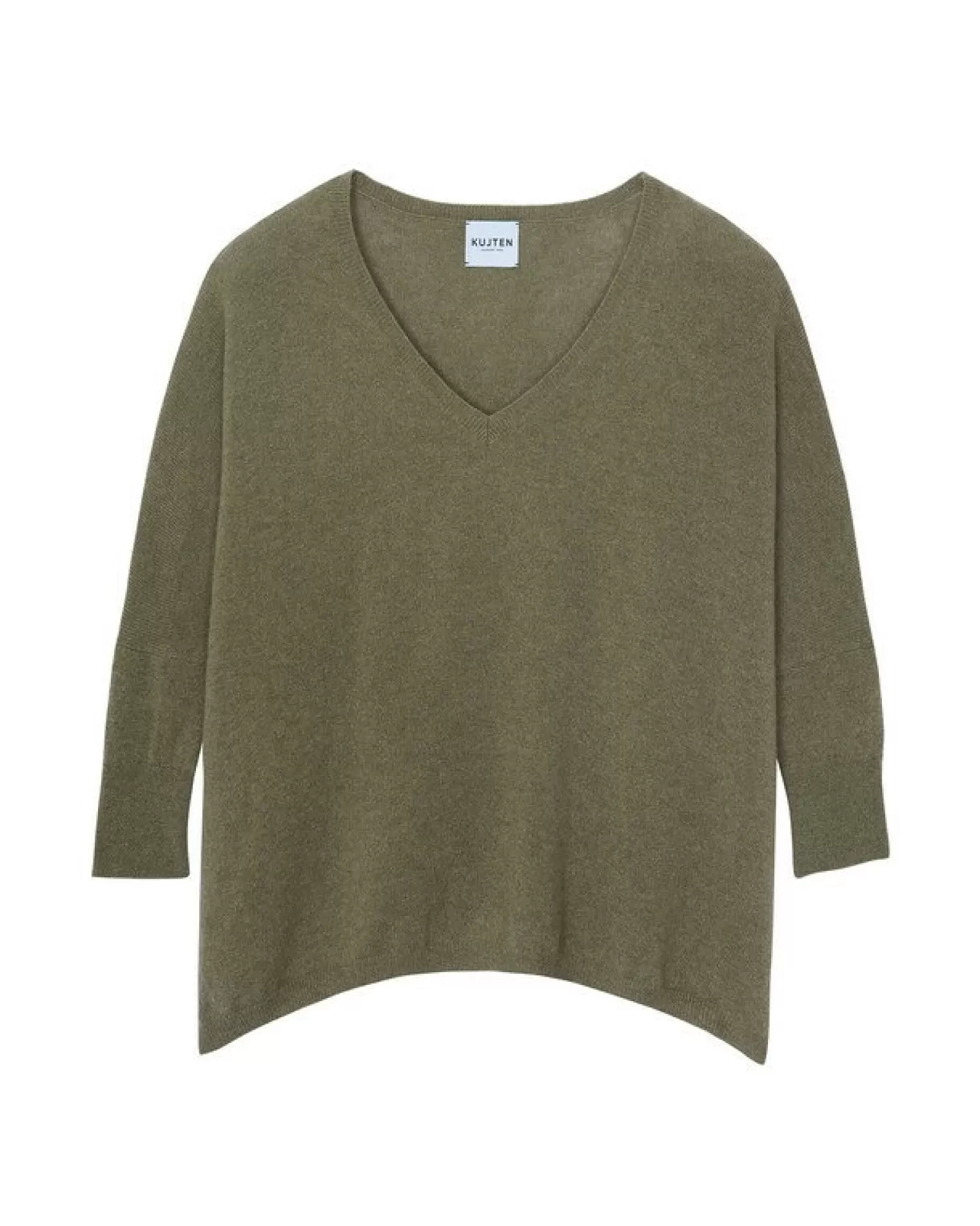 Kujten Sweaters & Sweatshirts>3/4 Sleeves V-Neck Cashmere Sweater, 2-Threads Kaki Chine