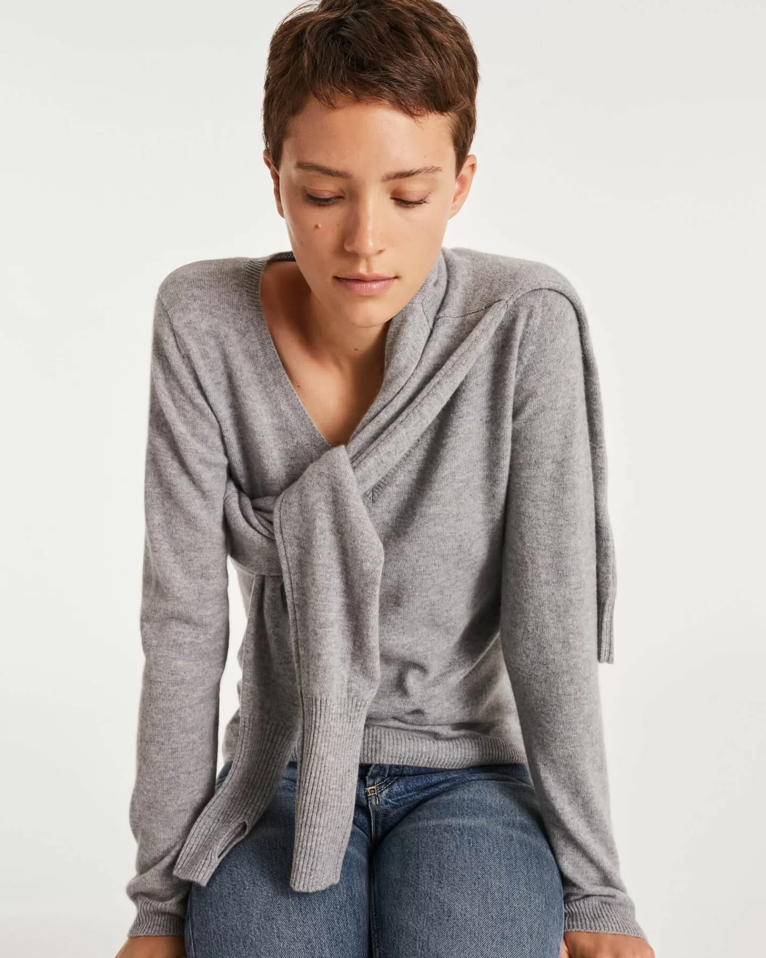 Kujten Sweaters & Sweatshirts>Basic Long Sleeves Cashmere Sweater Gris Chine