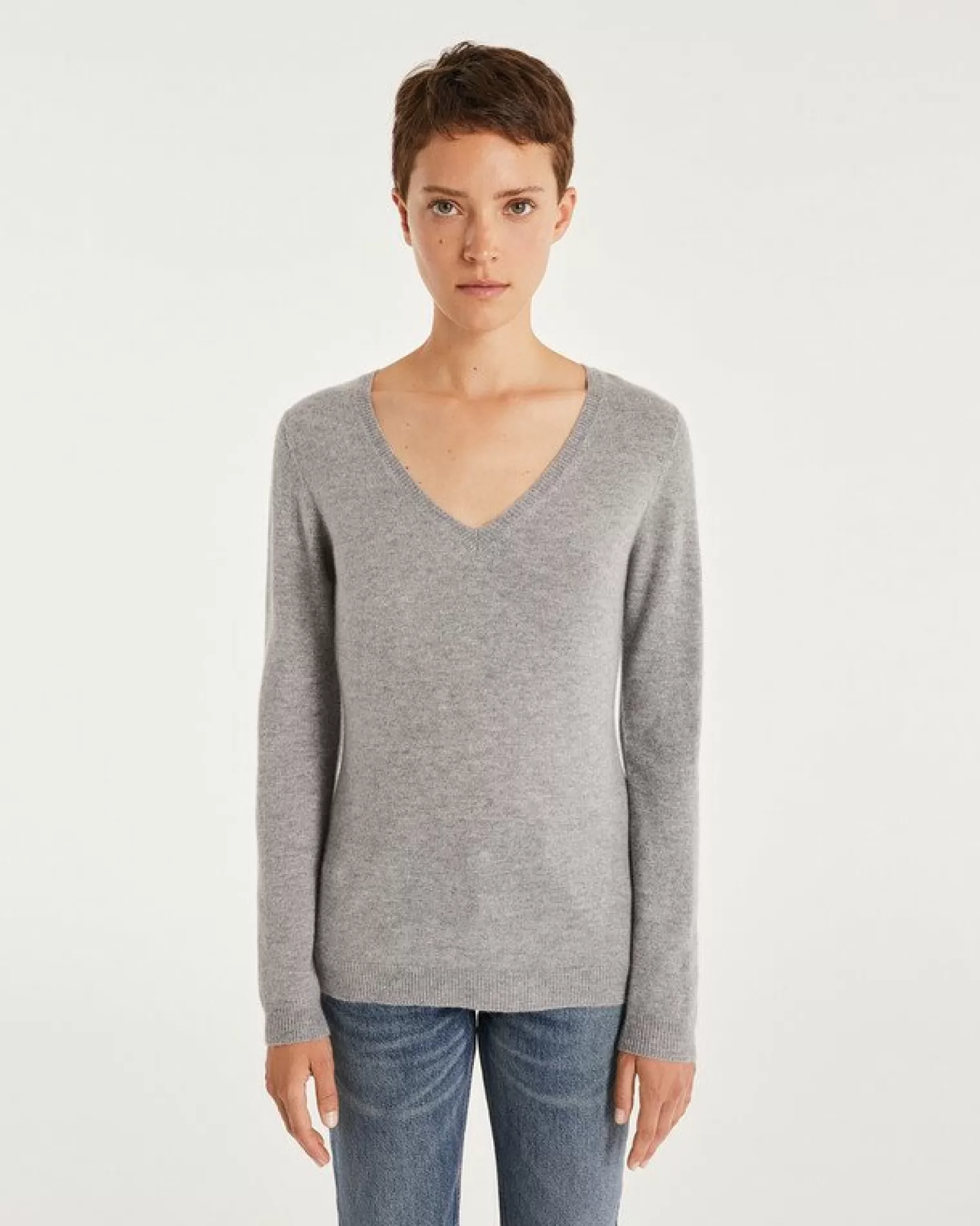 Kujten Sweaters & Sweatshirts>Basic Long Sleeves Cashmere Sweater Gris Chine