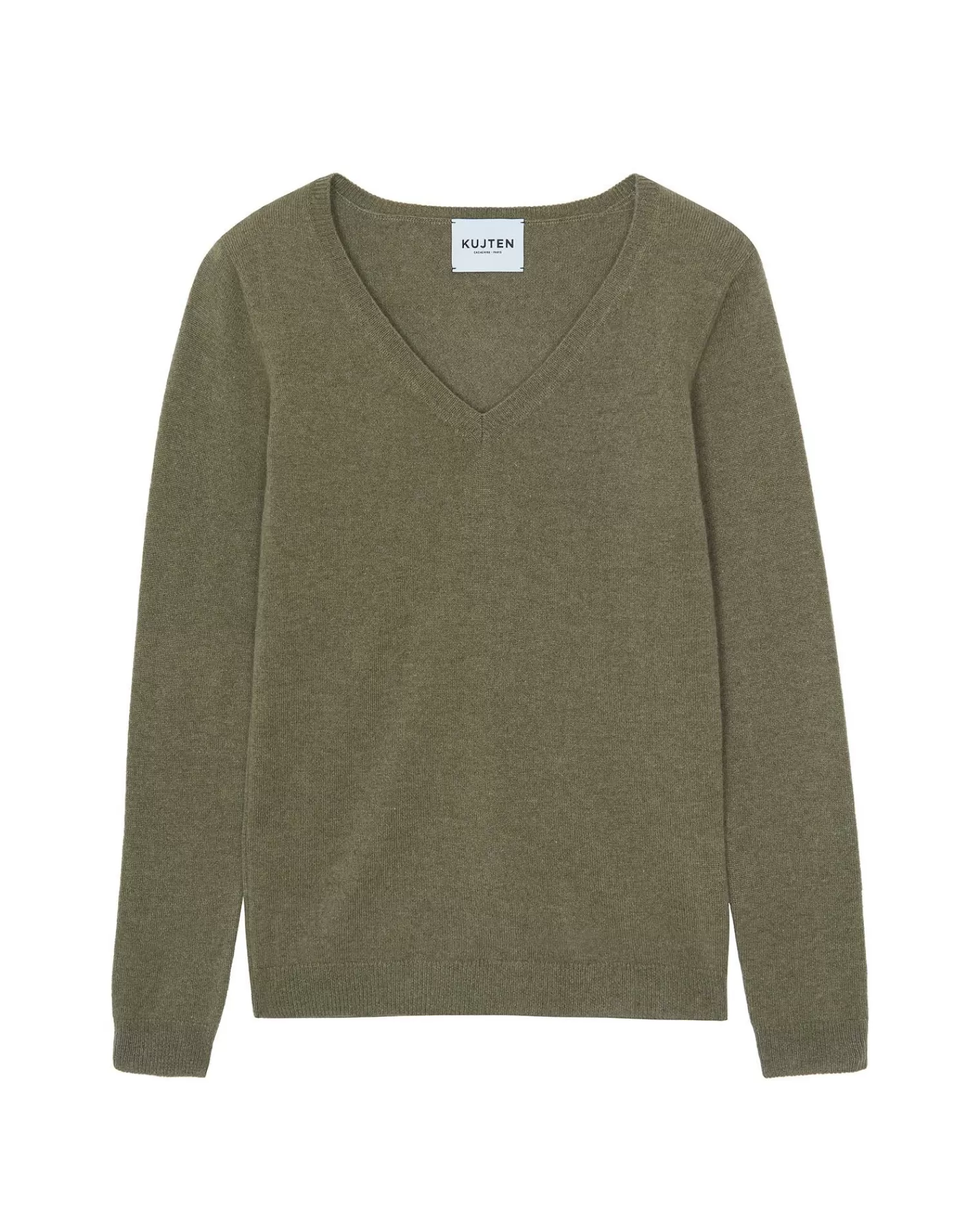 Kujten Sweaters & Sweatshirts>Basic Long Sleeves Cashmere Sweater, 2-Threads Kaki Chine