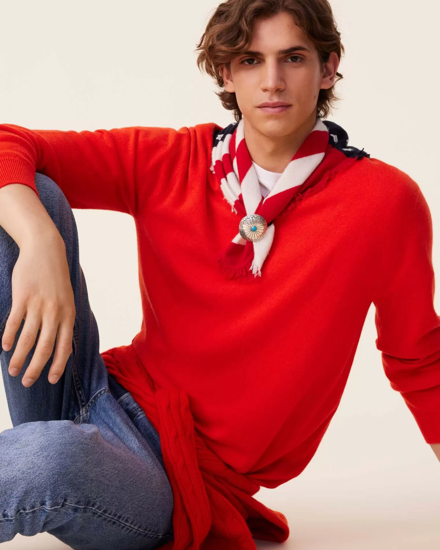 Kujten Sweaters & Sweatshirts>Basic Men V-Neck Cashmere Sweater, 2-Threads Orange Rosso