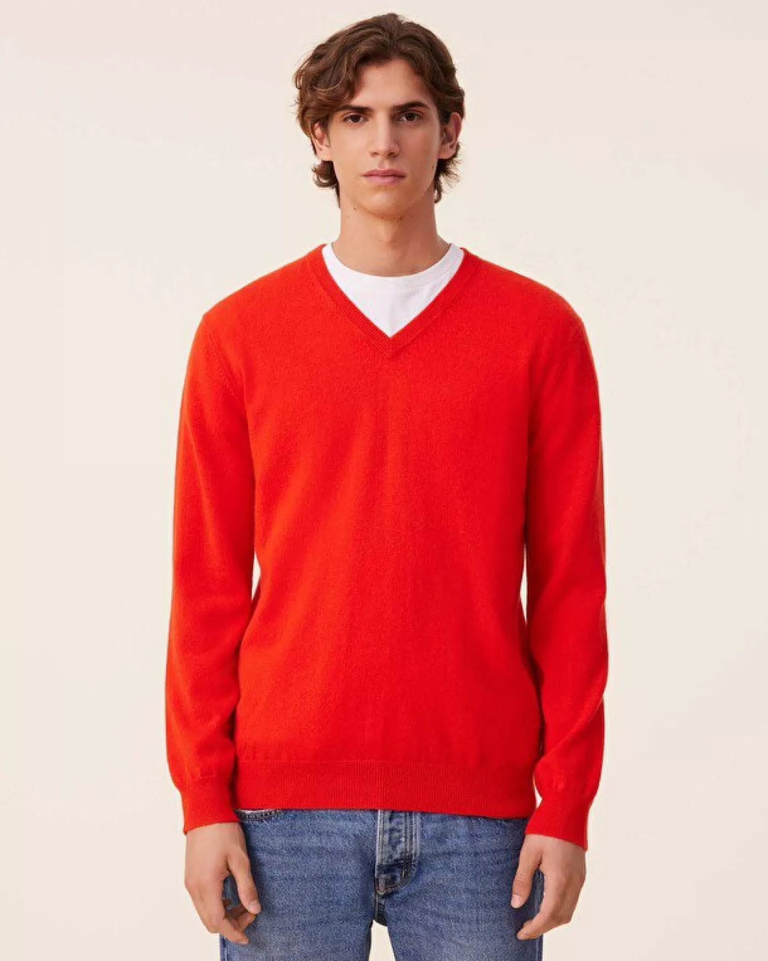 Kujten Sweaters & Sweatshirts>Basic Men V-Neck Cashmere Sweater, 2-Threads Orange Rosso