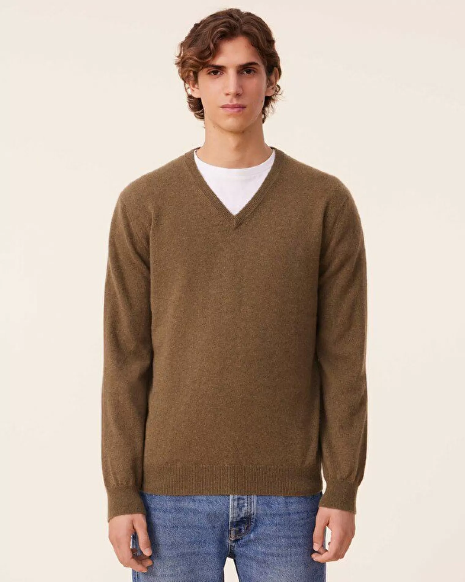 Kujten Sweaters & Sweatshirts>Basic Men V-Neck Cashmere Sweater, 2-Threads Kaki Scout