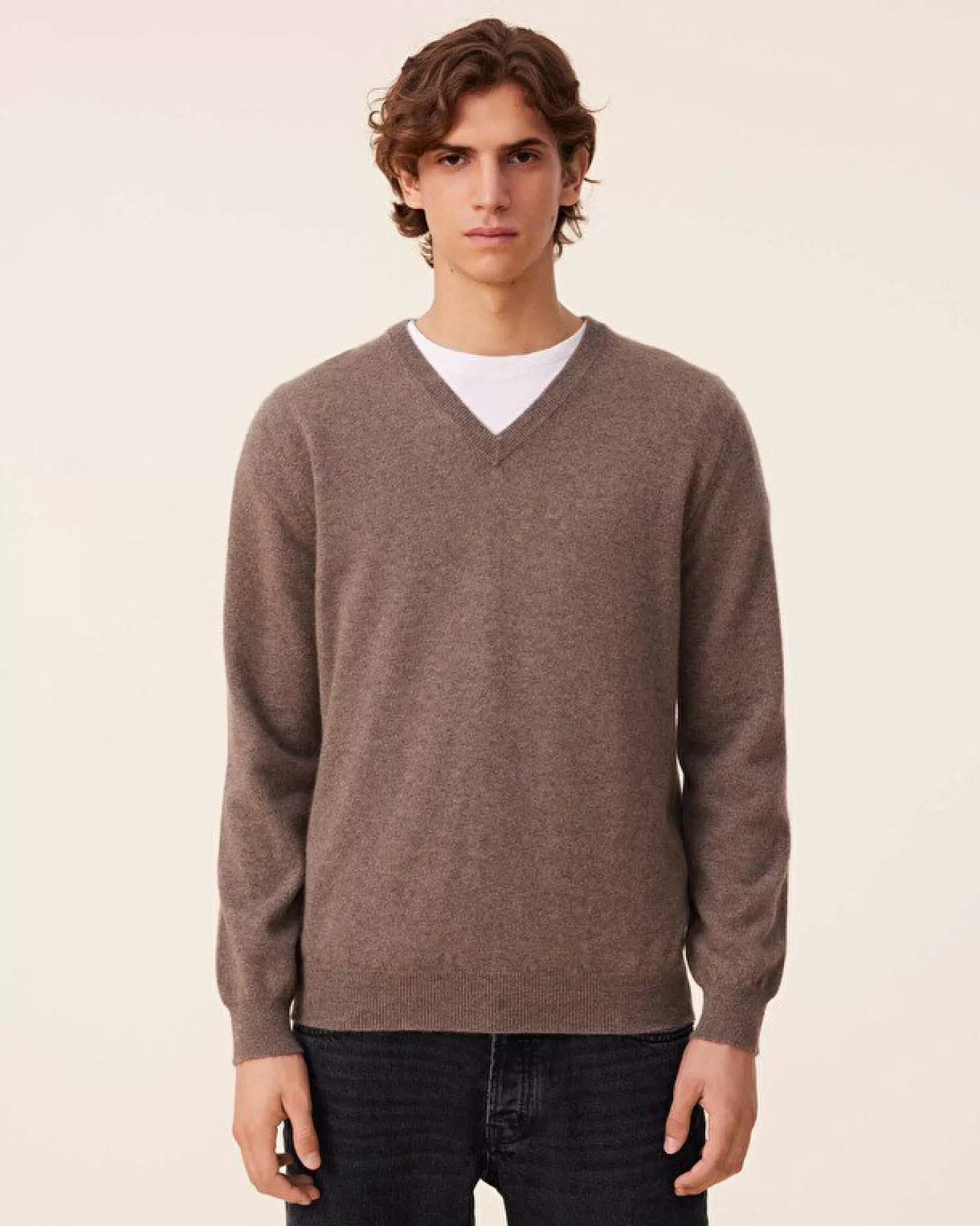 Kujten Sweaters & Sweatshirts>Basic Men V-Neck Cashmere Sweater, 2-Threads Taupe Mouline