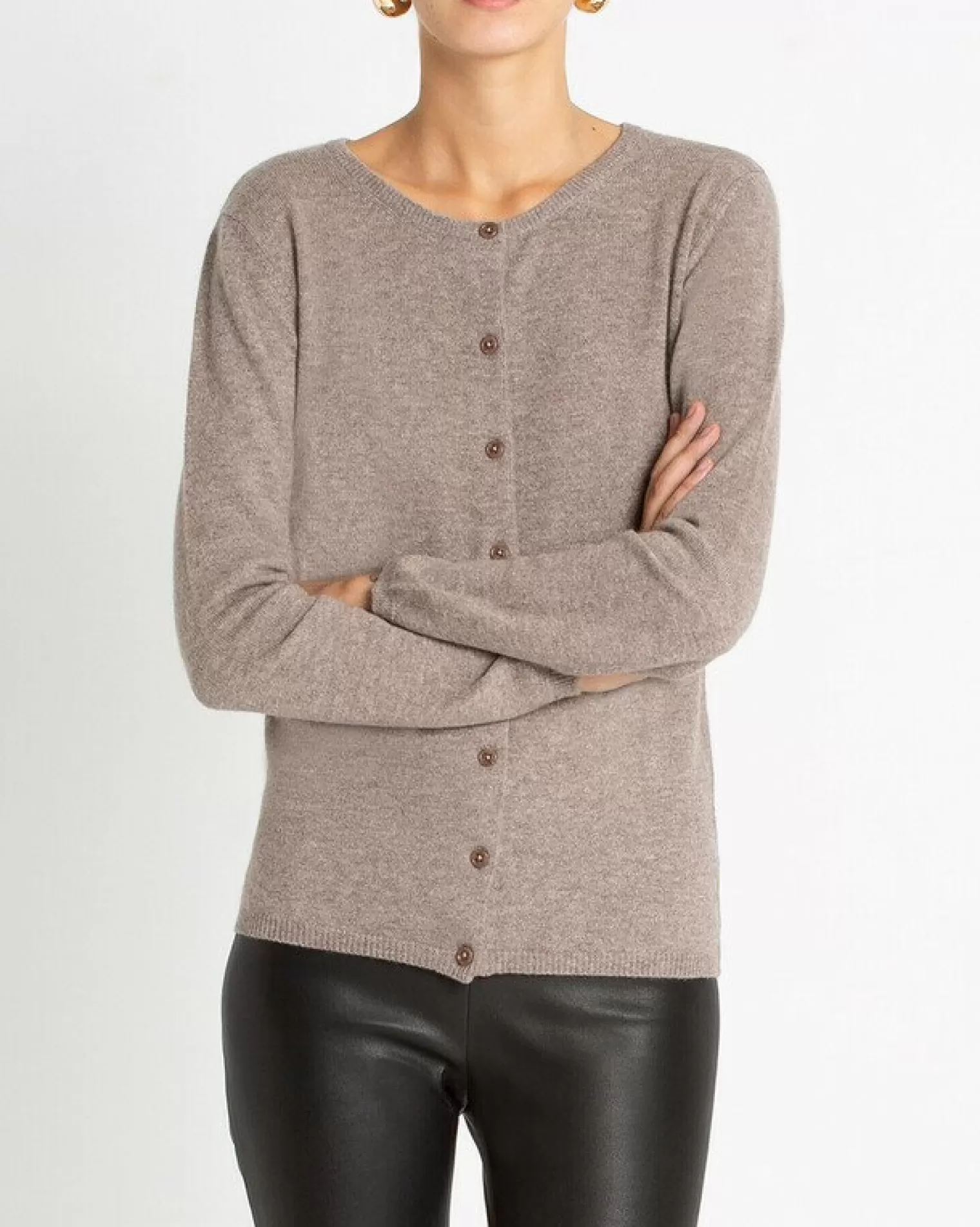 Kujten Jackets & Vests>Basic Round Neck Woman Cashmere Cardigan Beige Taupe Chine