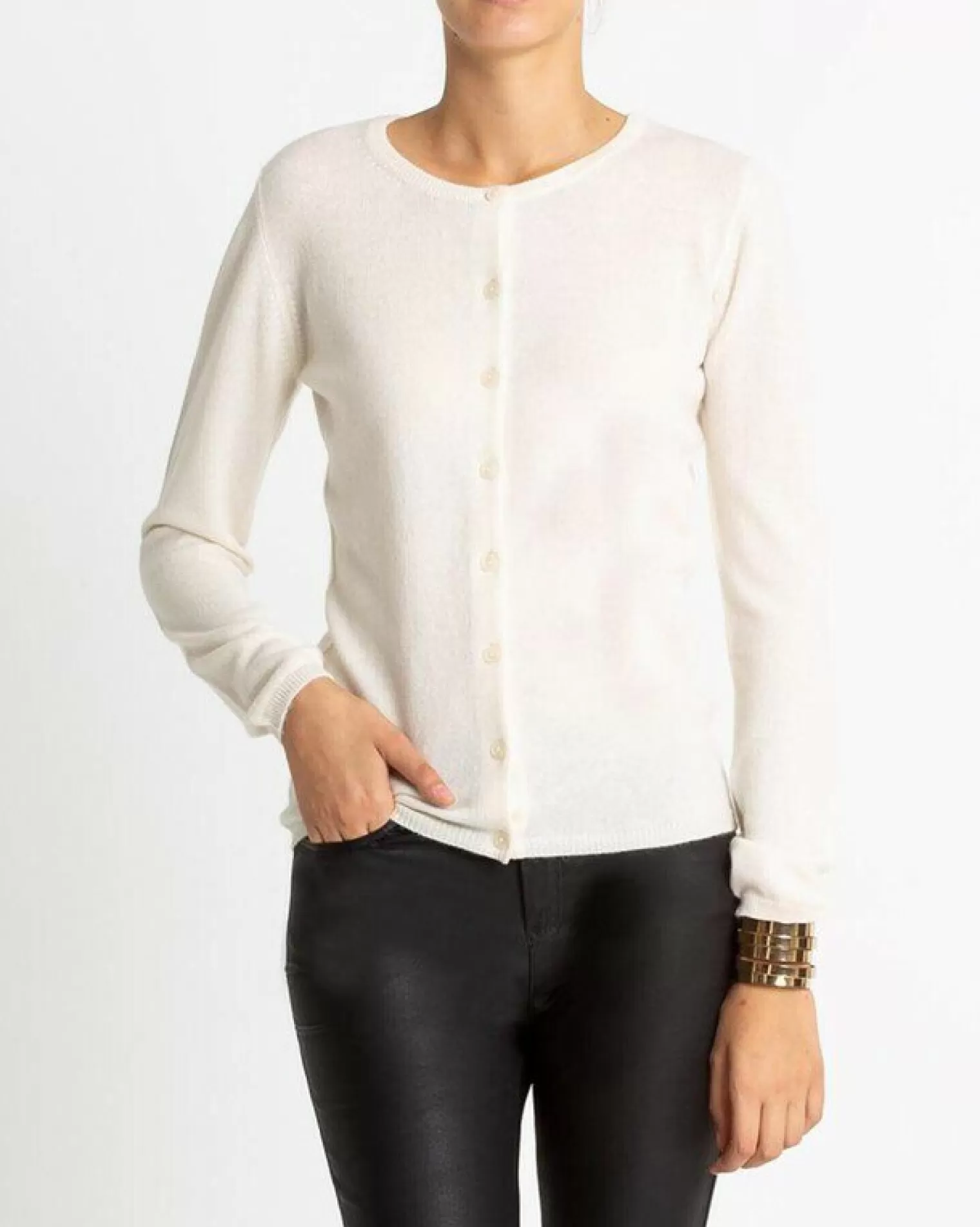 Kujten Jackets & Vests>Basic Round Neck Woman Cashmere Cardigan Blanc