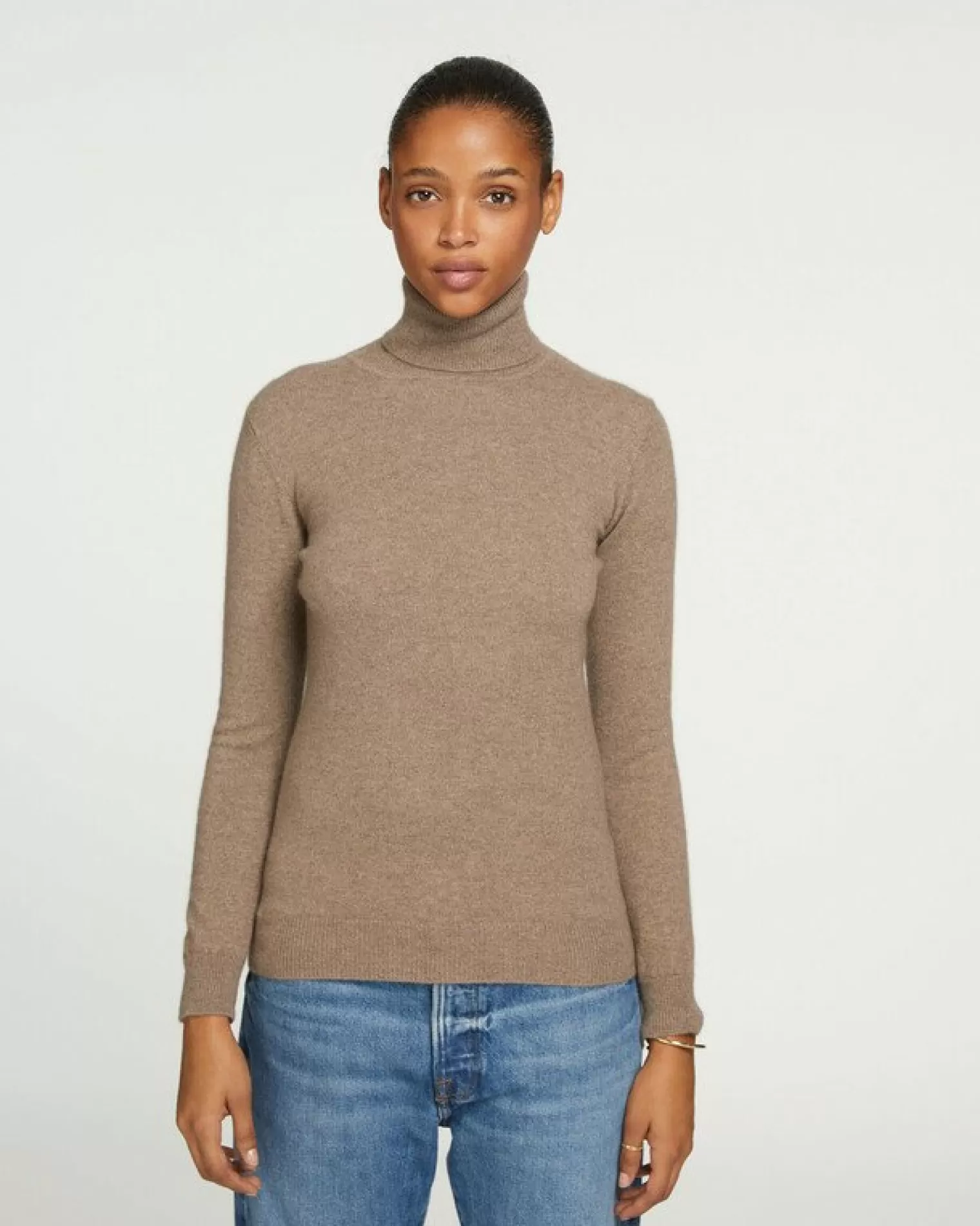 Kujten Sweaters & Sweatshirts>Basic Turtleneck 100% Cashmere Sweater, 2-Threads Beige Taupe