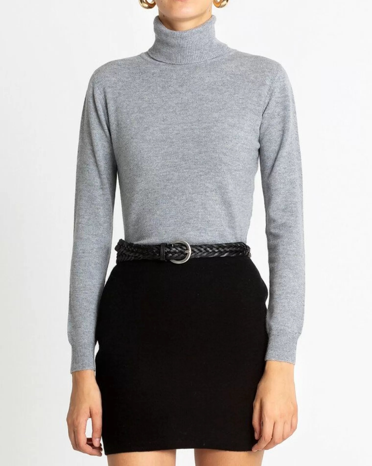 Kujten Sweaters & Sweatshirts>Basic Turtleneck 100% Cashmere Sweater, 2-Threads Gris Chine