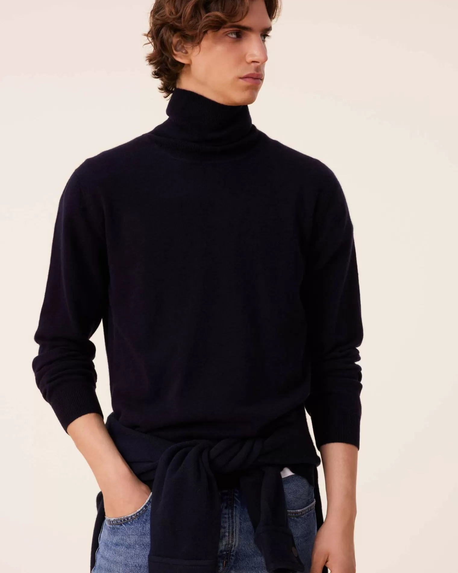 Kujten Sweaters & Sweatshirts>Basic Turtleneck Man Cashmere Sweater, 2-Threads Bleu Marine Fonce