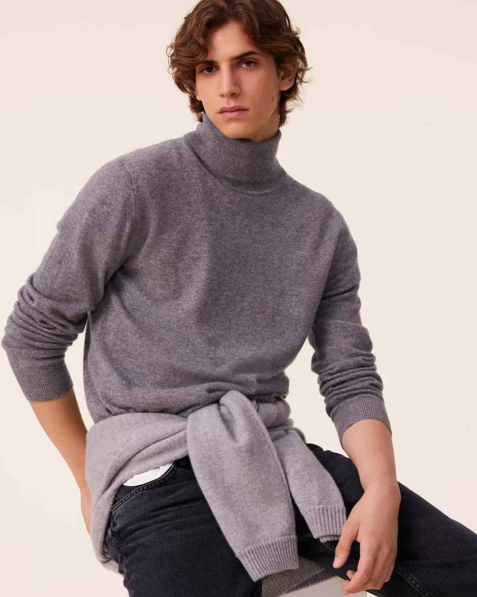 Kujten Sweaters & Sweatshirts>Basic Turtleneck Man Cashmere Sweater, 2-Threads Gris Flanelle