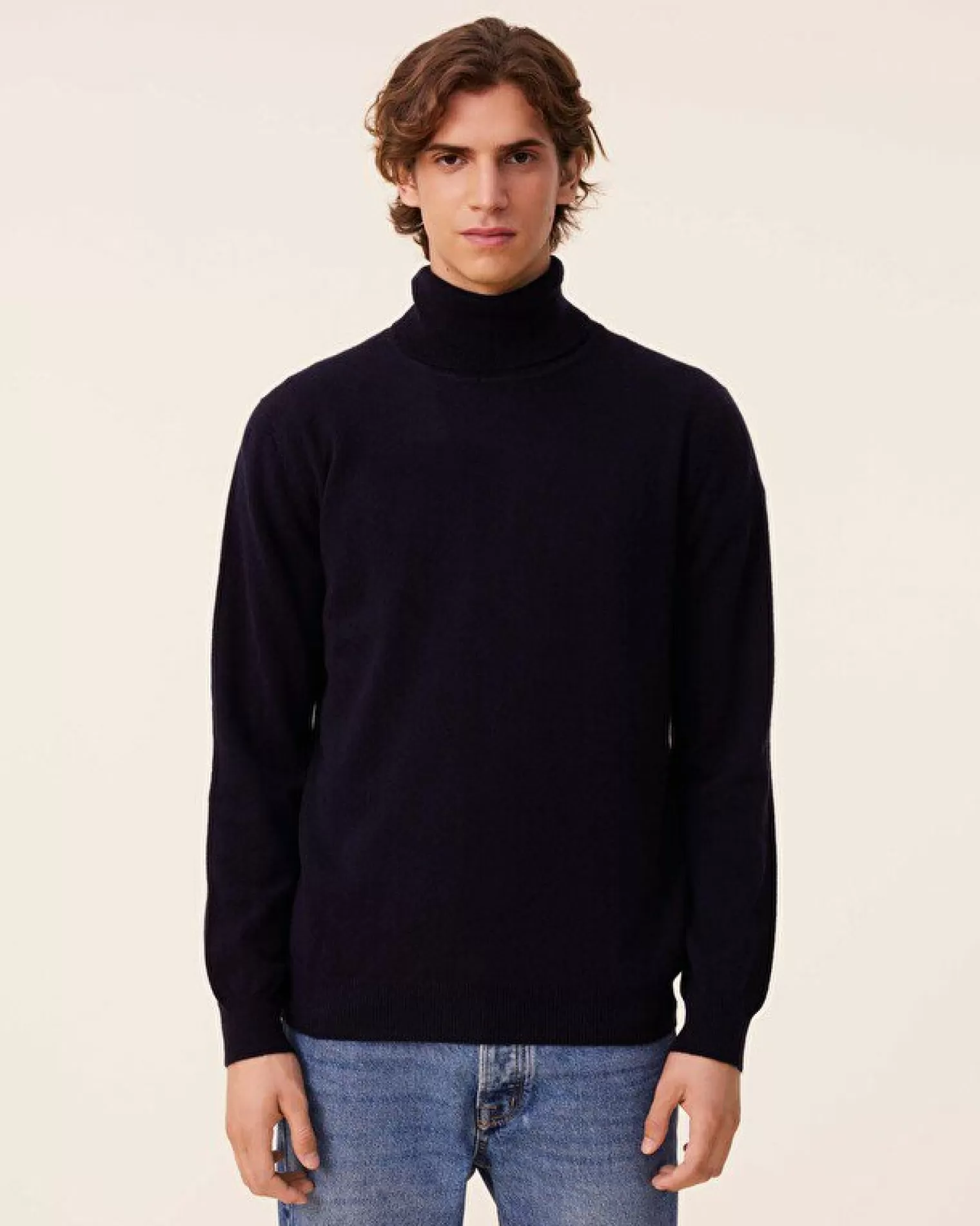 Kujten Sweaters & Sweatshirts>Basic Turtleneck Man Cashmere Sweater, 2-Threads Bleu Marine Fonce