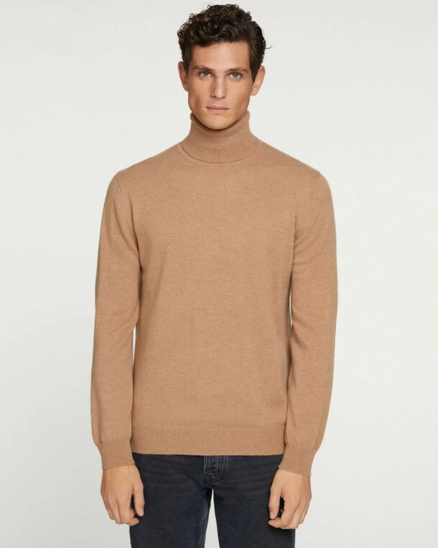 Kujten Sweaters & Sweatshirts>Basic Turtleneck Man Cashmere Sweater, 2-Threads Camelo