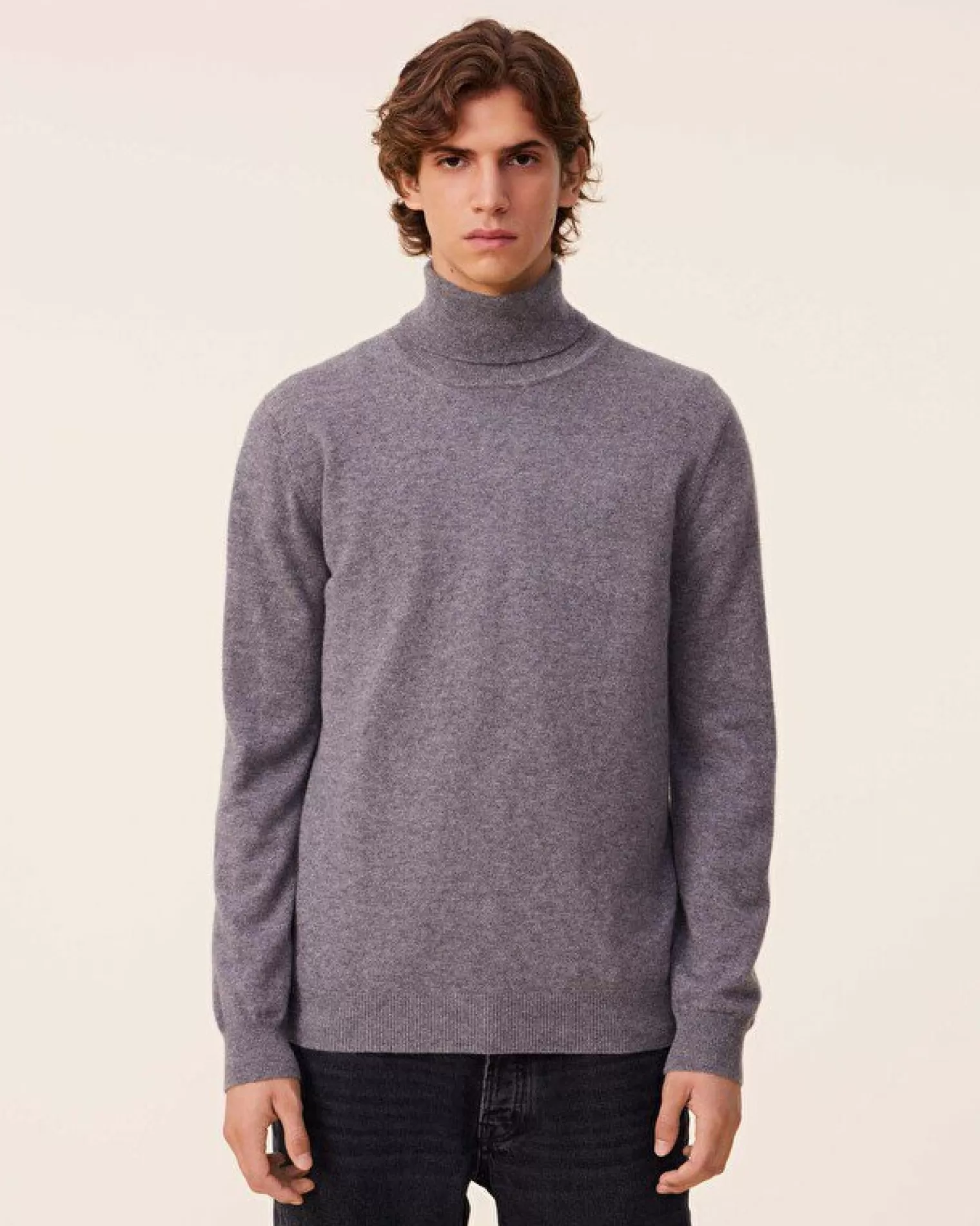 Kujten Sweaters & Sweatshirts>Basic Turtleneck Man Cashmere Sweater, 2-Threads Gris Flanelle