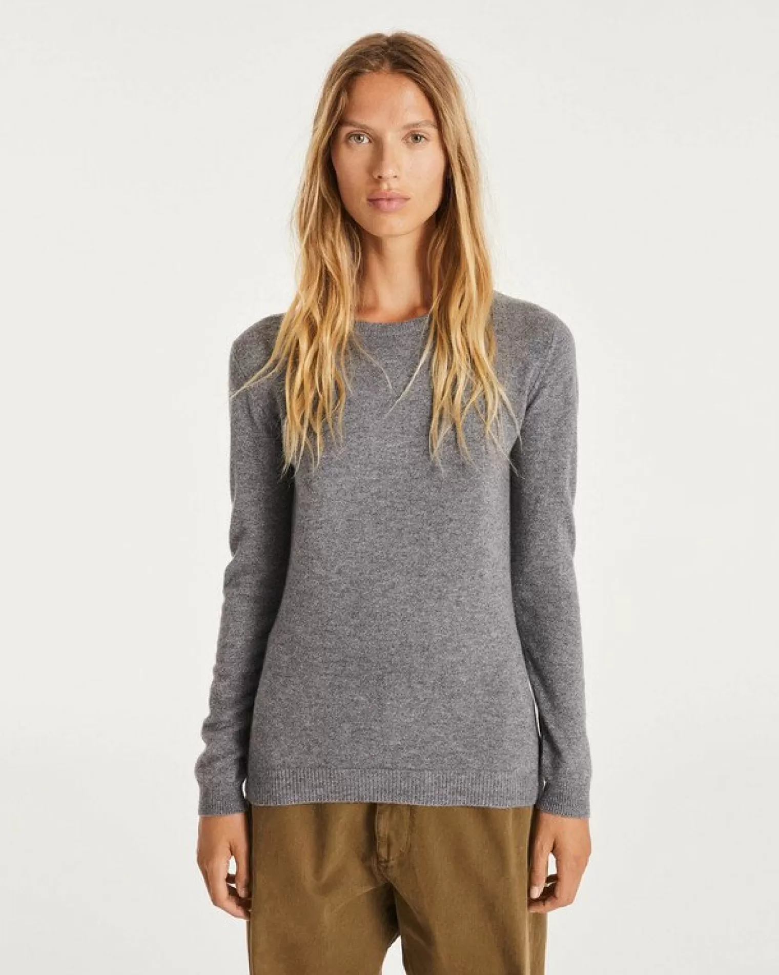 Kujten Sweaters & Sweatshirts>Basic Woman Round Neck Cashmere Sweater, 2-Threads Gris Flanelle