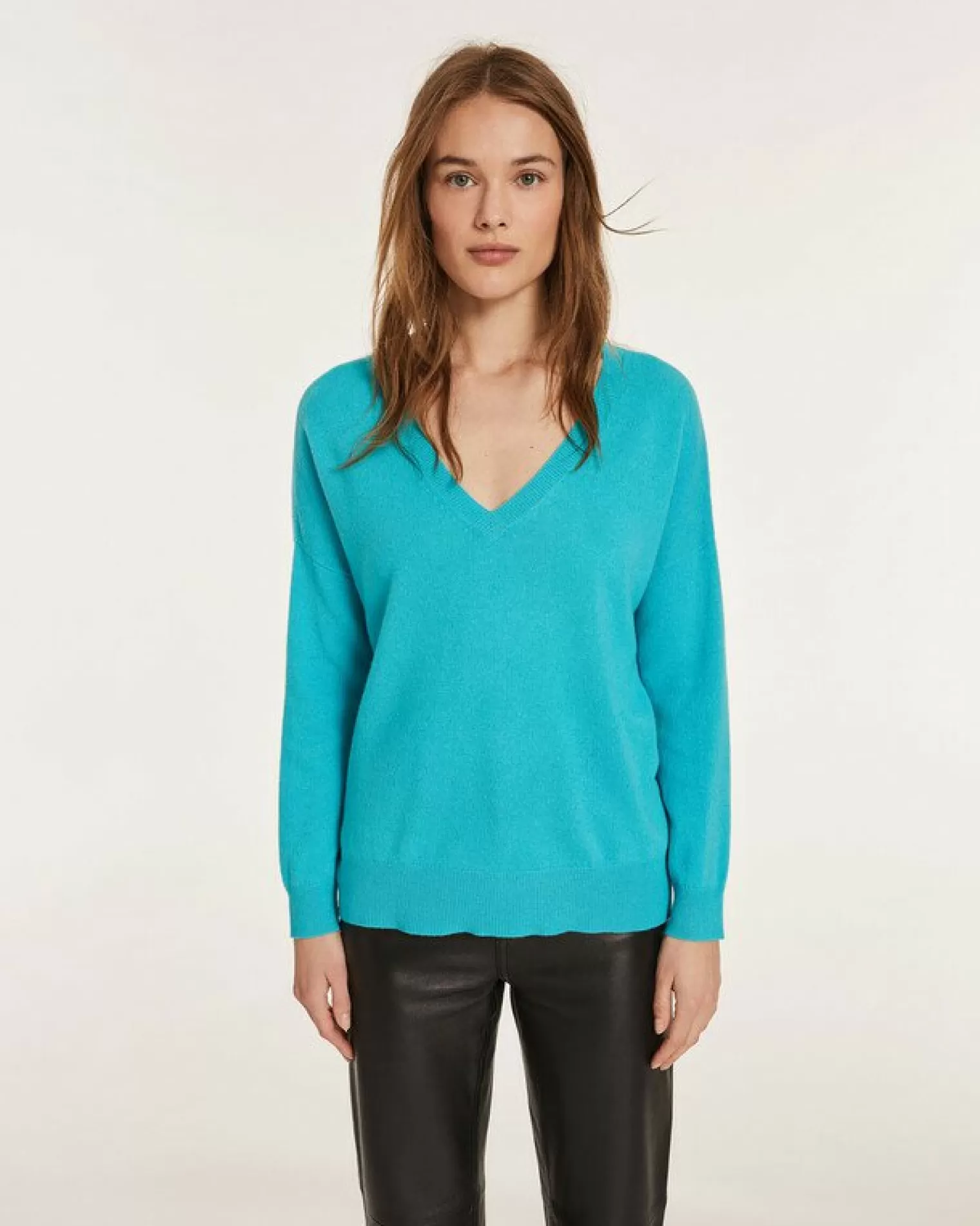 Kujten Sweaters & Sweatshirts>Boyfriend Woman V-Neck Cashmere Sweater Bleu Turquoise