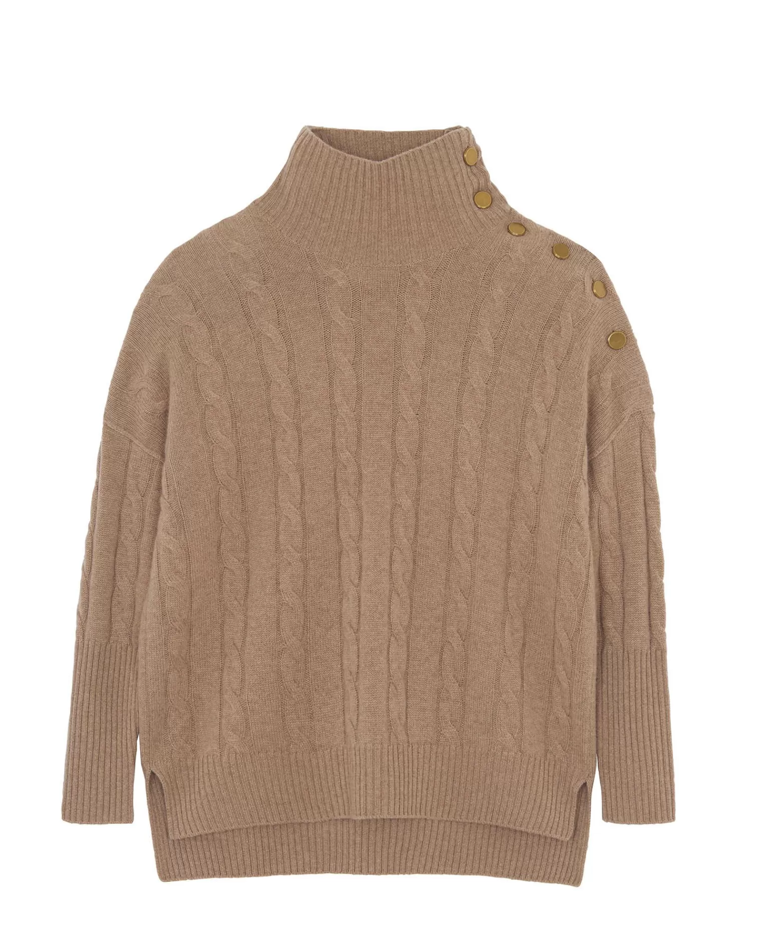 Kujten Sweaters & Sweatshirts>Buttons Chimney Neck Cashmere Sweater, 4-Threads Camelo