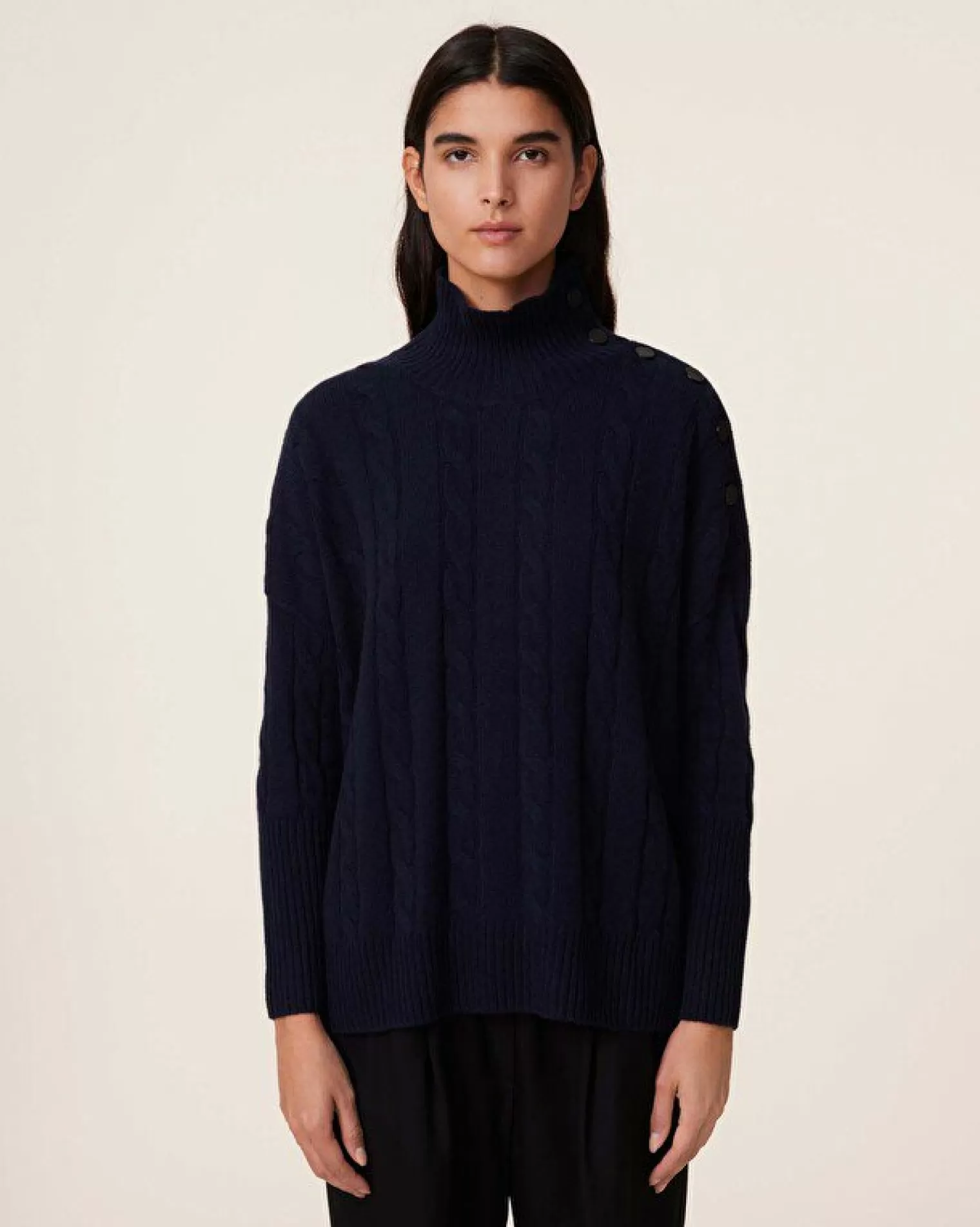 Kujten Sweaters & Sweatshirts>Buttons Chimney Neck Cashmere Sweater, 4-Threads Bleu Marine Fonce