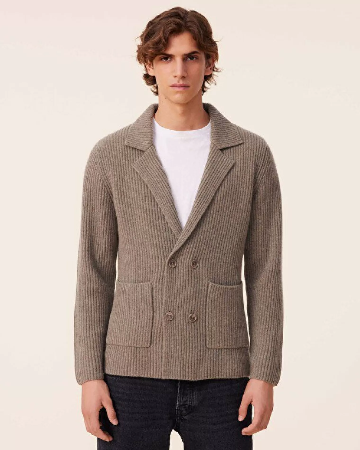 Kujten Jackets & Vests>Cardigan Stitch Cashmere Blazer Jacket, 6-Threads Kaki Chine