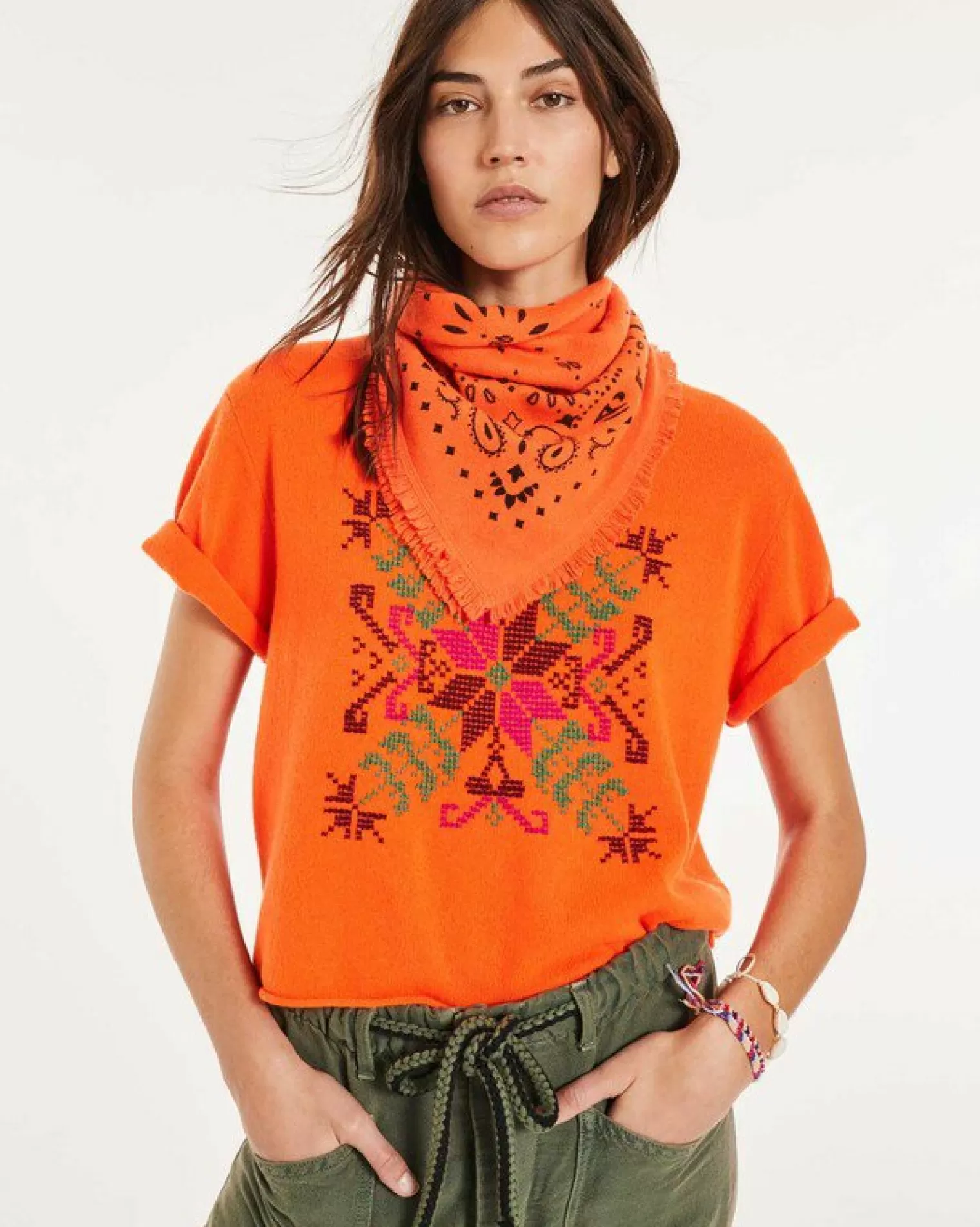 Kujten Scarves & Snoods>Cashmere Bandana Orange Fluo