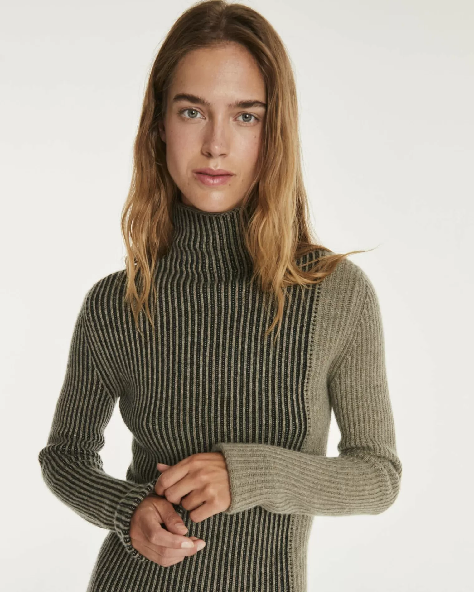 Kujten Dresses & Skirts>Cashmere Dress Women Long Turtleneck Kaki Chine