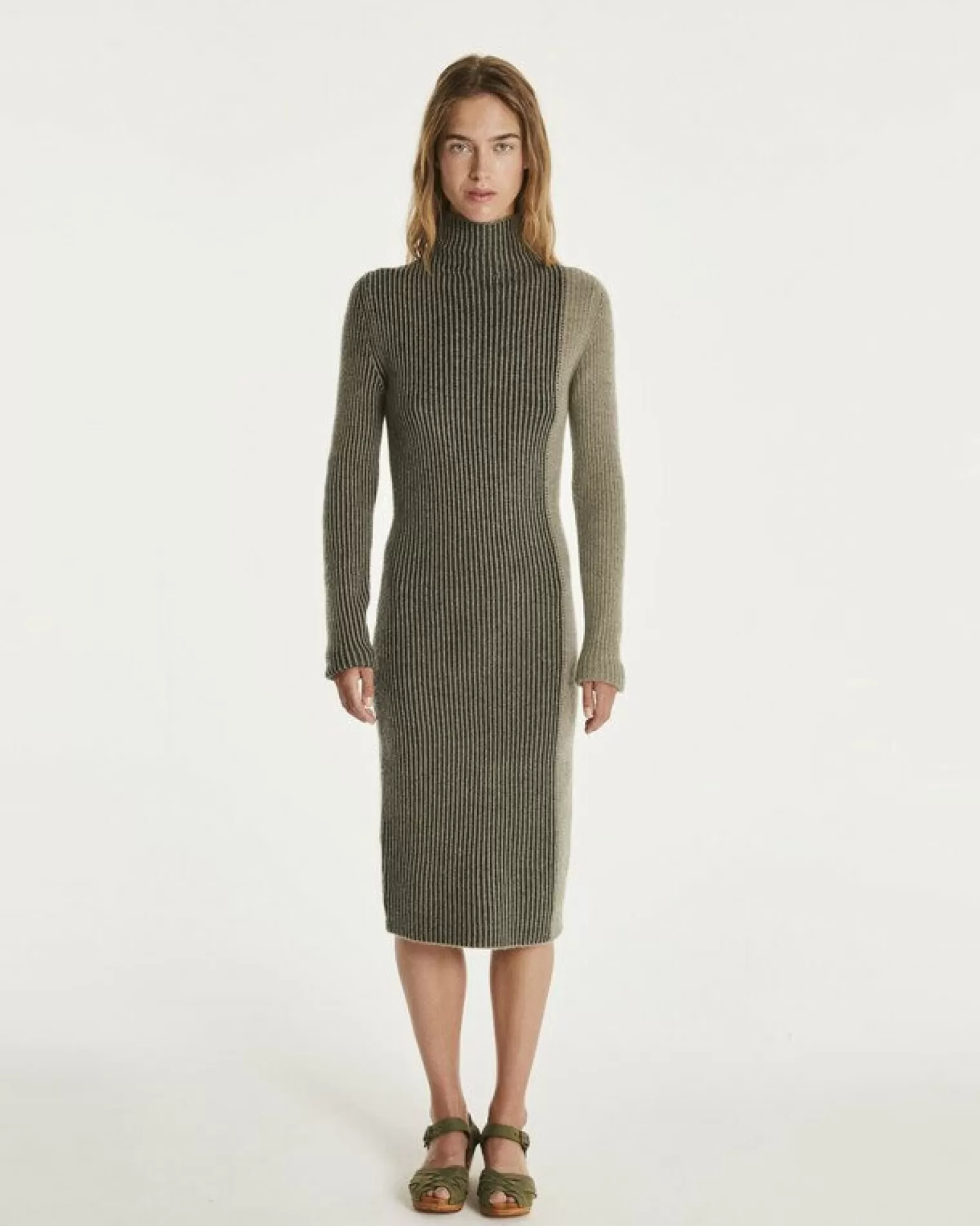 Kujten Dresses & Skirts>Cashmere Dress Women Long Turtleneck Kaki Chine