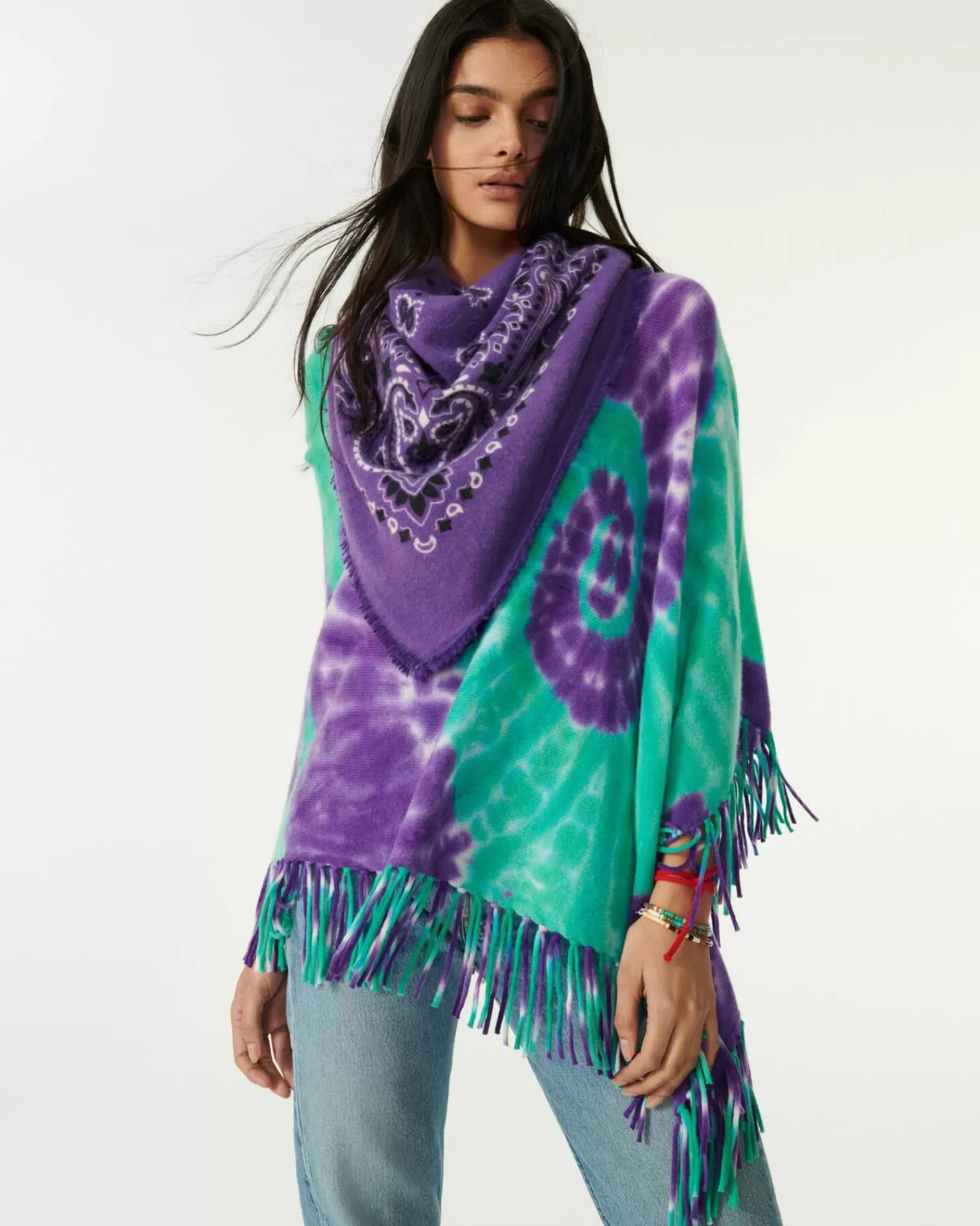 Kujten Capes & Ponchos>Cashmere Fringed Poncho Deep Purple