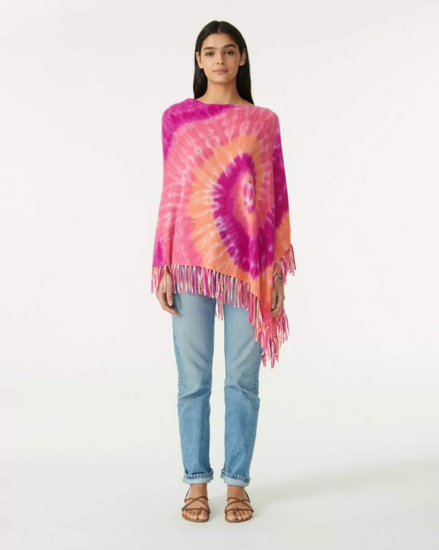 Kujten Capes & Ponchos>Cashmere Fringed Poncho Rose Neon