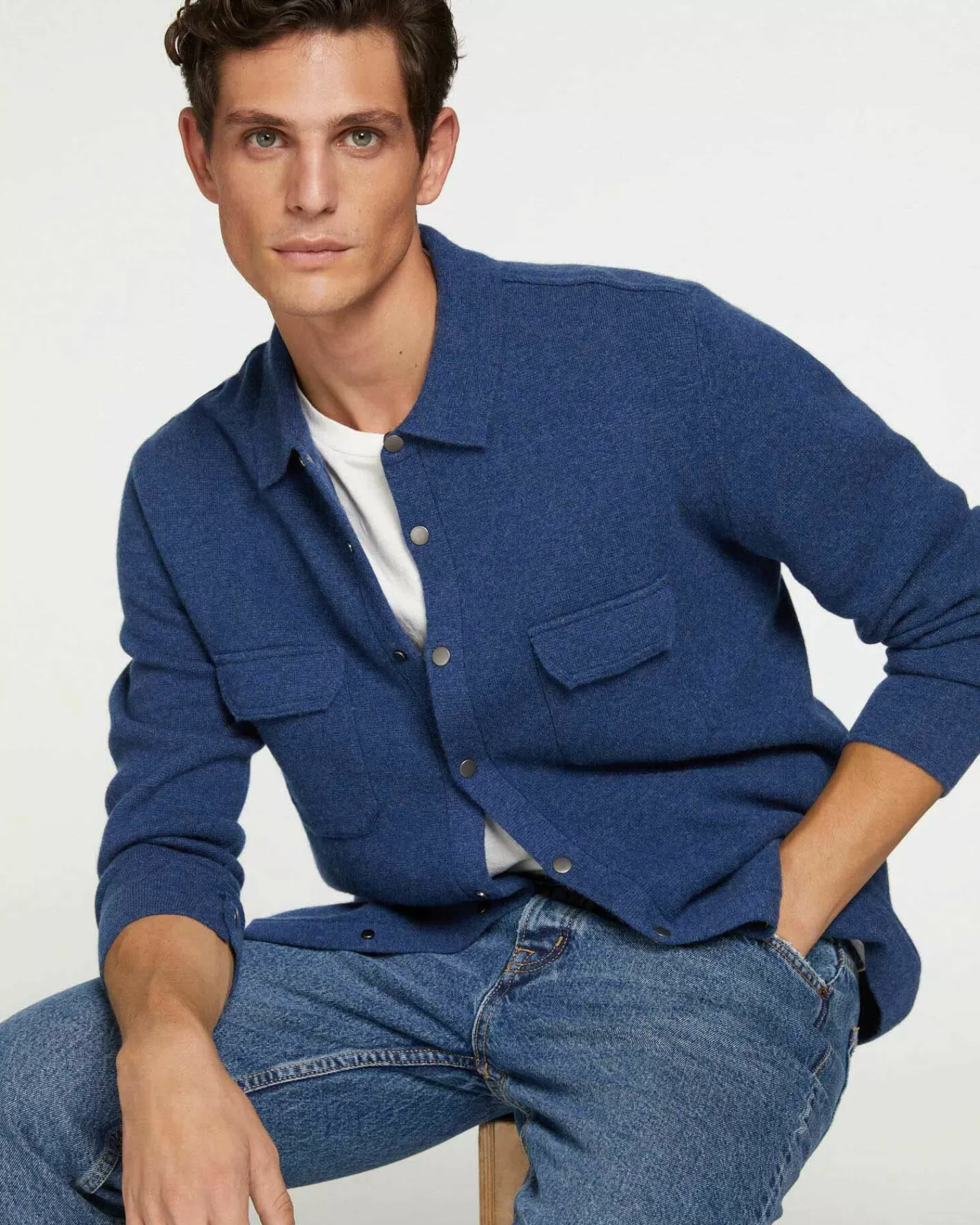 Kujten Jackets & Vests>Cashmere Overshirt Bleu Jeans Fonce