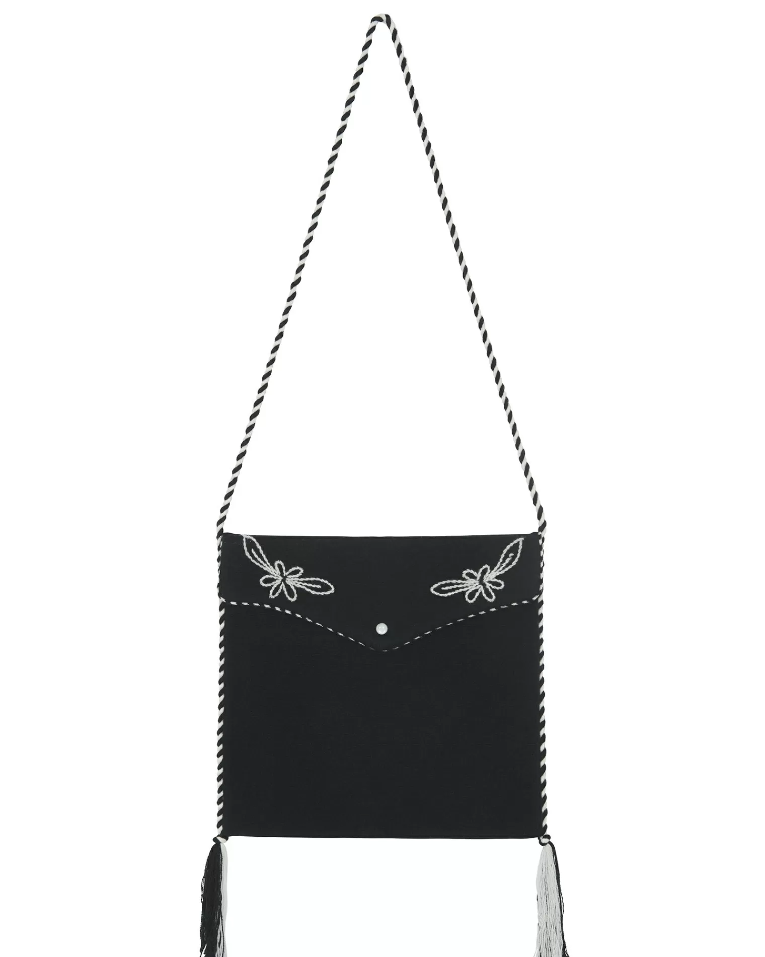 Kujten Bags>Cashmere Pipping Hand-Embroidered Flap Bag With Pompoms Noir