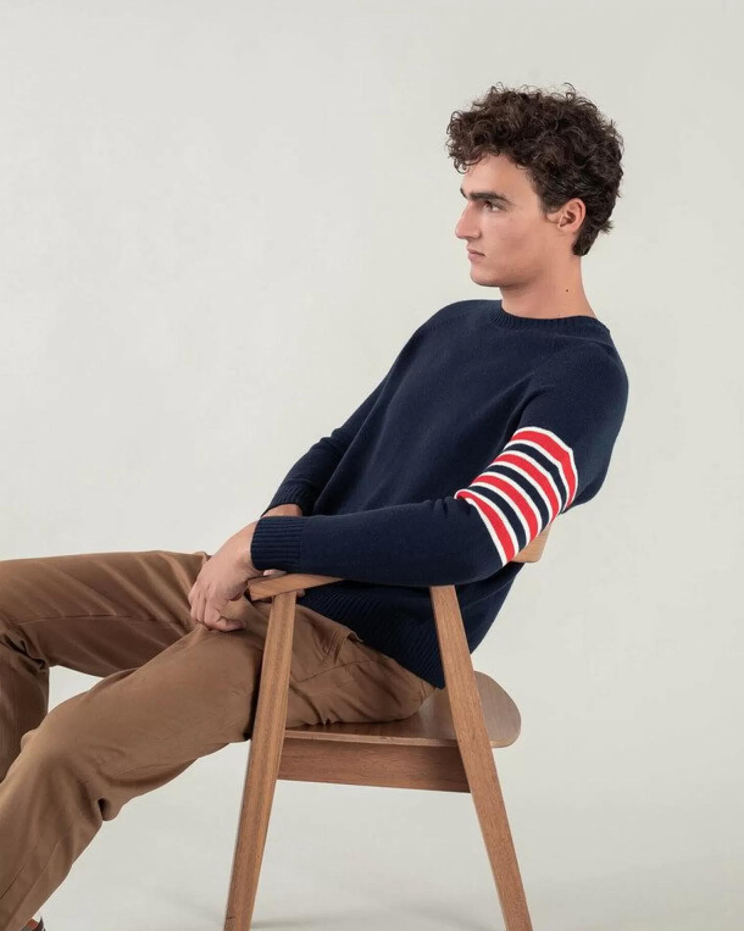 Kujten Sweaters & Sweatshirts>Cashmere Round Neck Sweater With Bands Bleu Marine Fonce