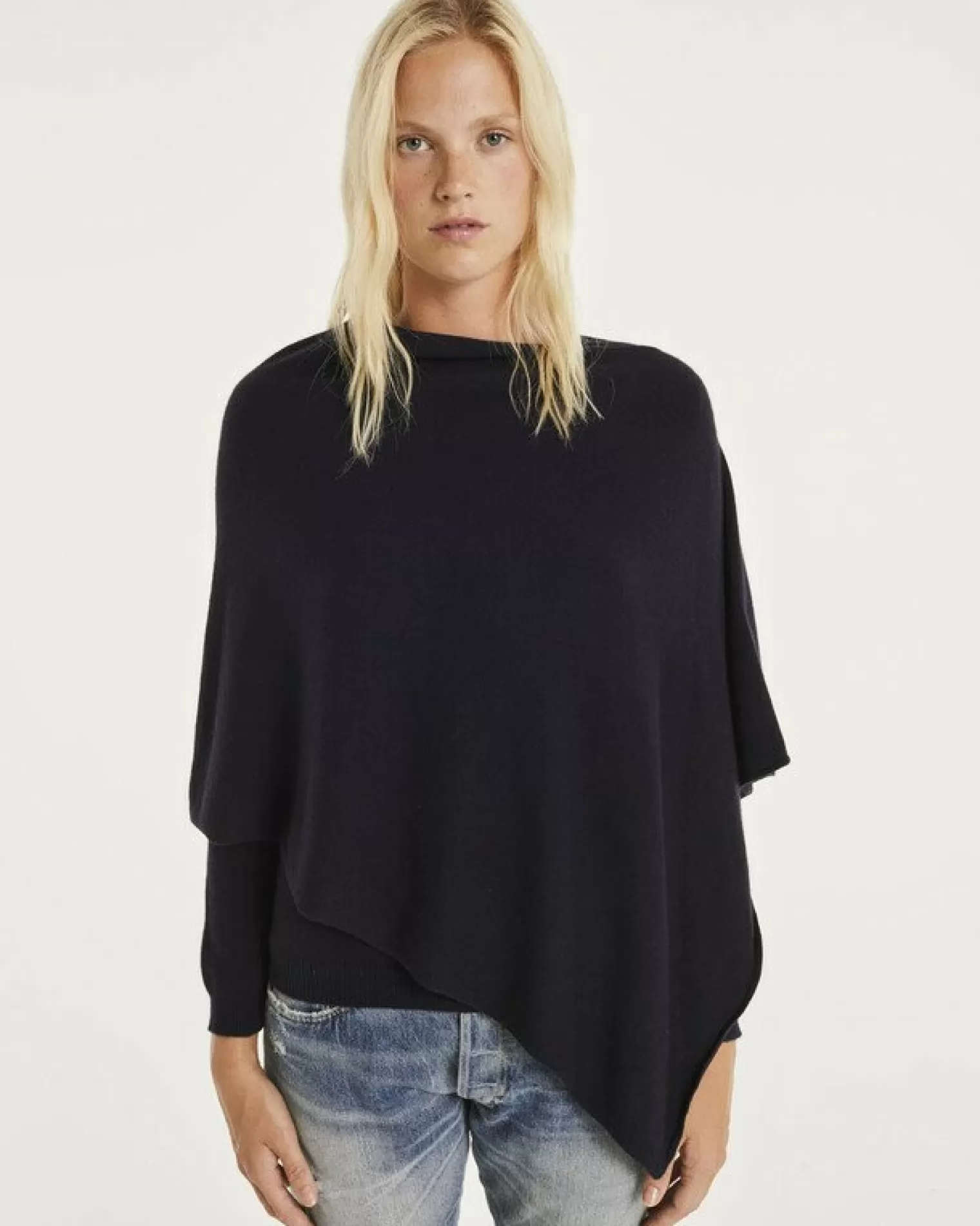 Kujten Capes & Ponchos>Cashmere Short Poncho, 2-Threads Bleu Marine Fonce