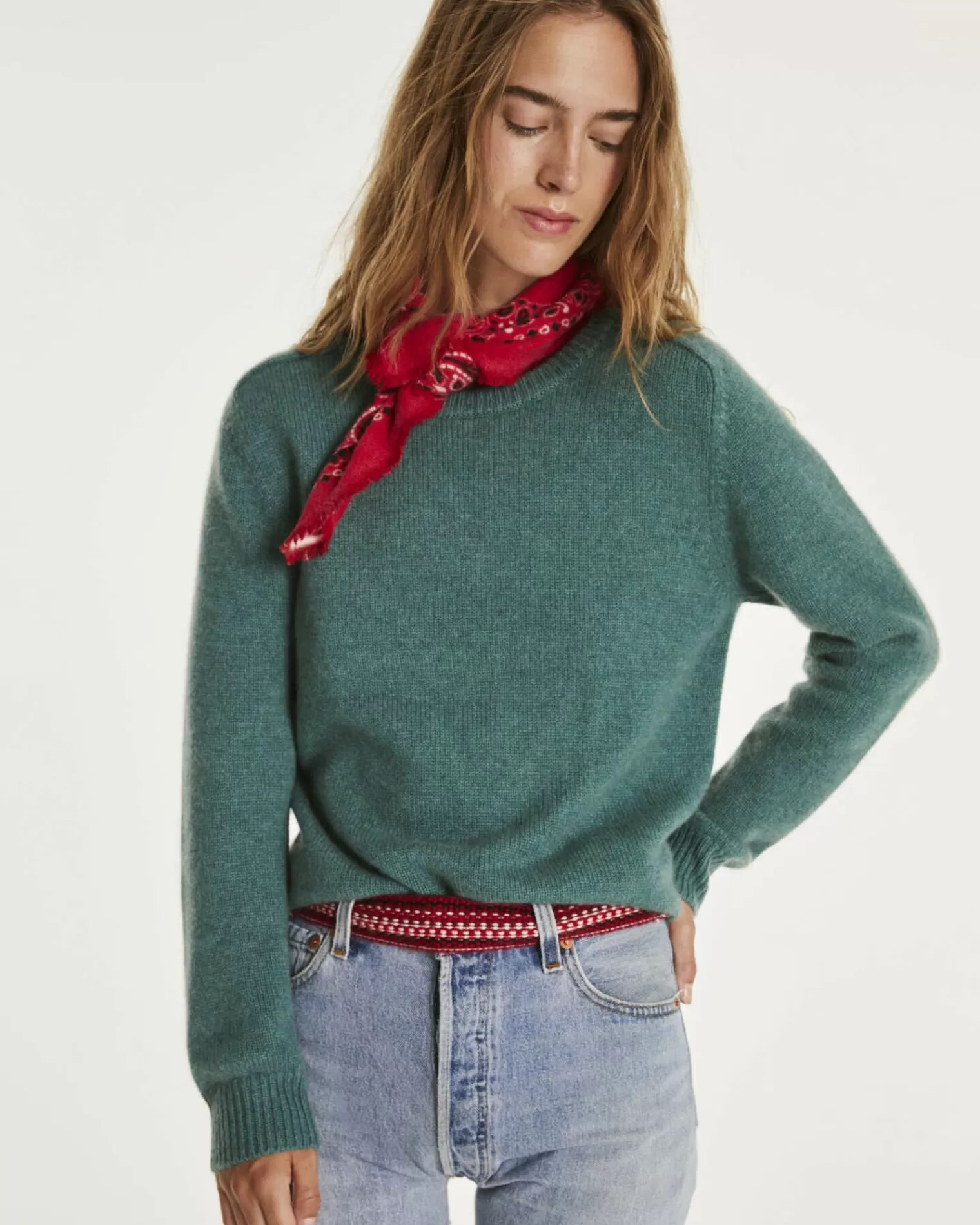 Kujten Sweaters & Sweatshirts>Cashmere Sweater Round Neck Long Sleeves Vert Chine