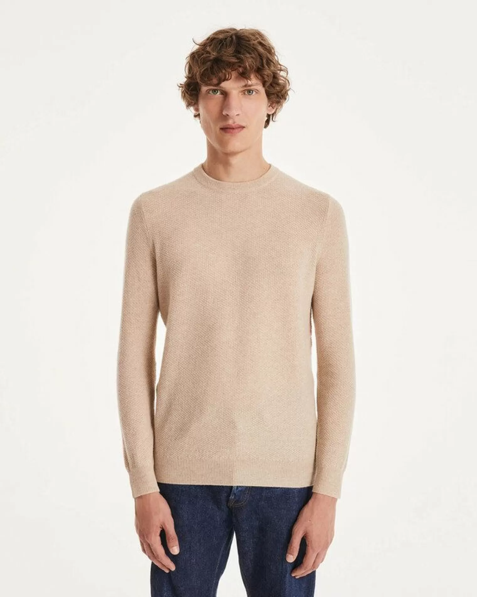 Kujten Sweaters & Sweatshirts>Cashmere Sweater Round Neck Long Sleeves Beige Chine