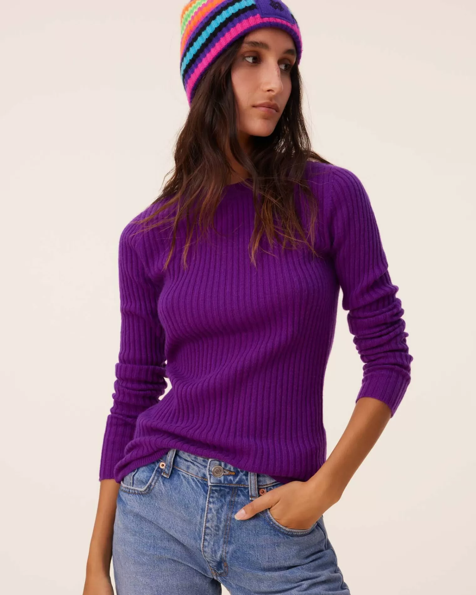 Kujten Sweaters & Sweatshirts>Cashmere Sweater Round Neck Long Sleeves, 2-Threads Deep Purple