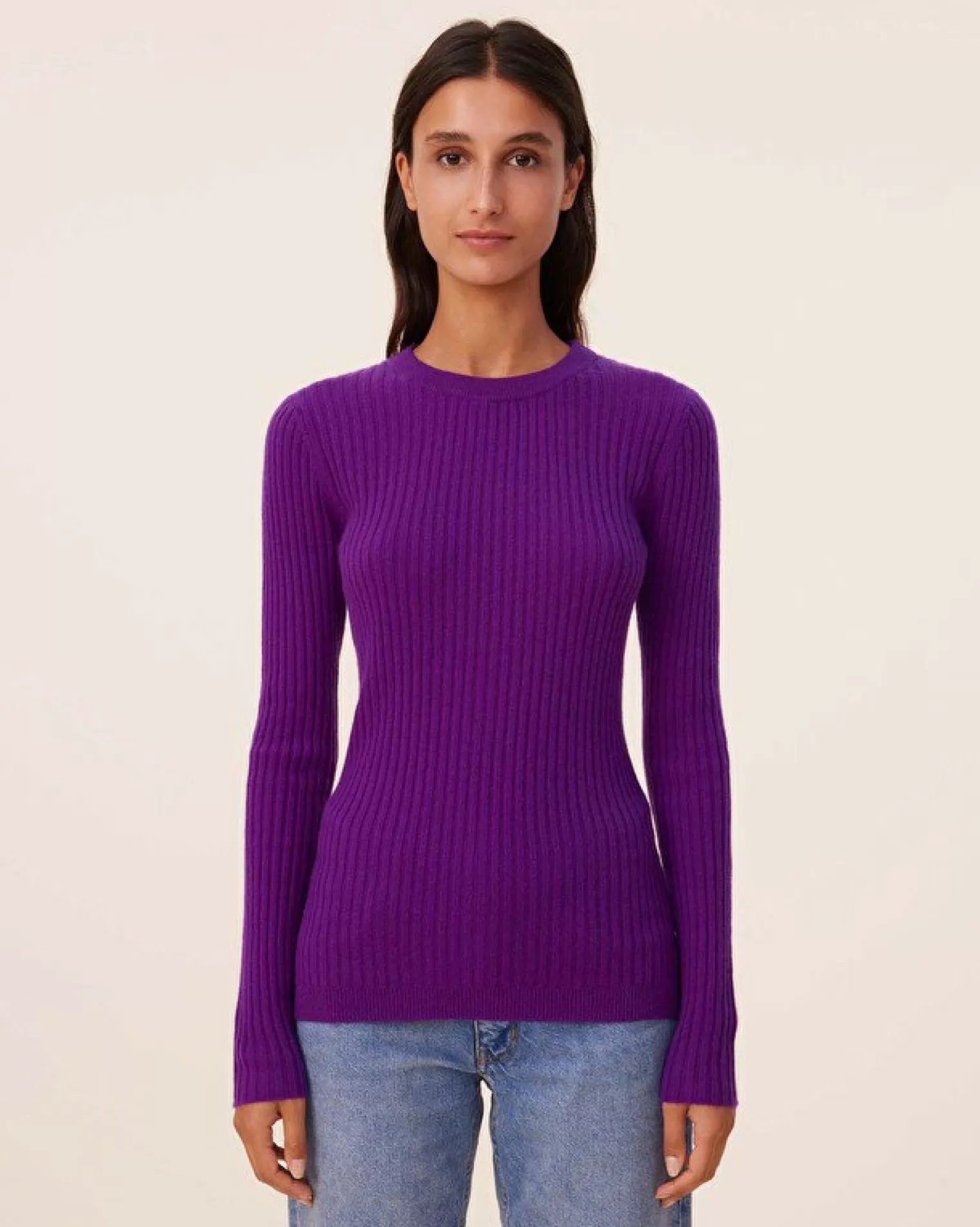 Kujten Sweaters & Sweatshirts>Cashmere Sweater Round Neck Long Sleeves, 2-Threads Deep Purple