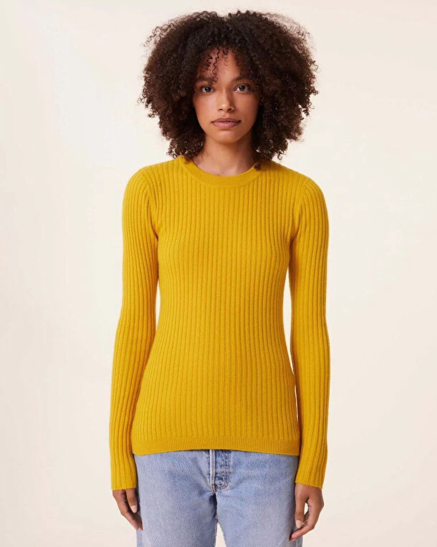 Kujten Sweaters & Sweatshirts>Cashmere Sweater Round Neck Long Sleeves, 2-Threads Jaune Safran