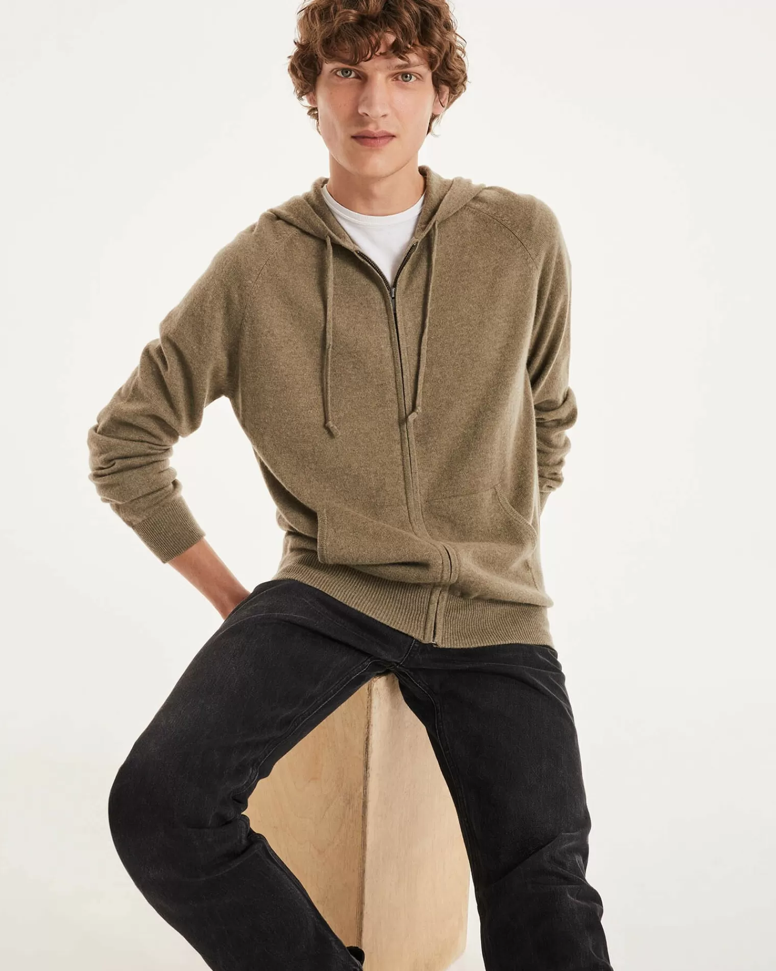 Kujten Hoodies>Cashmere Zipped Hooded Jacket Kaki Chine