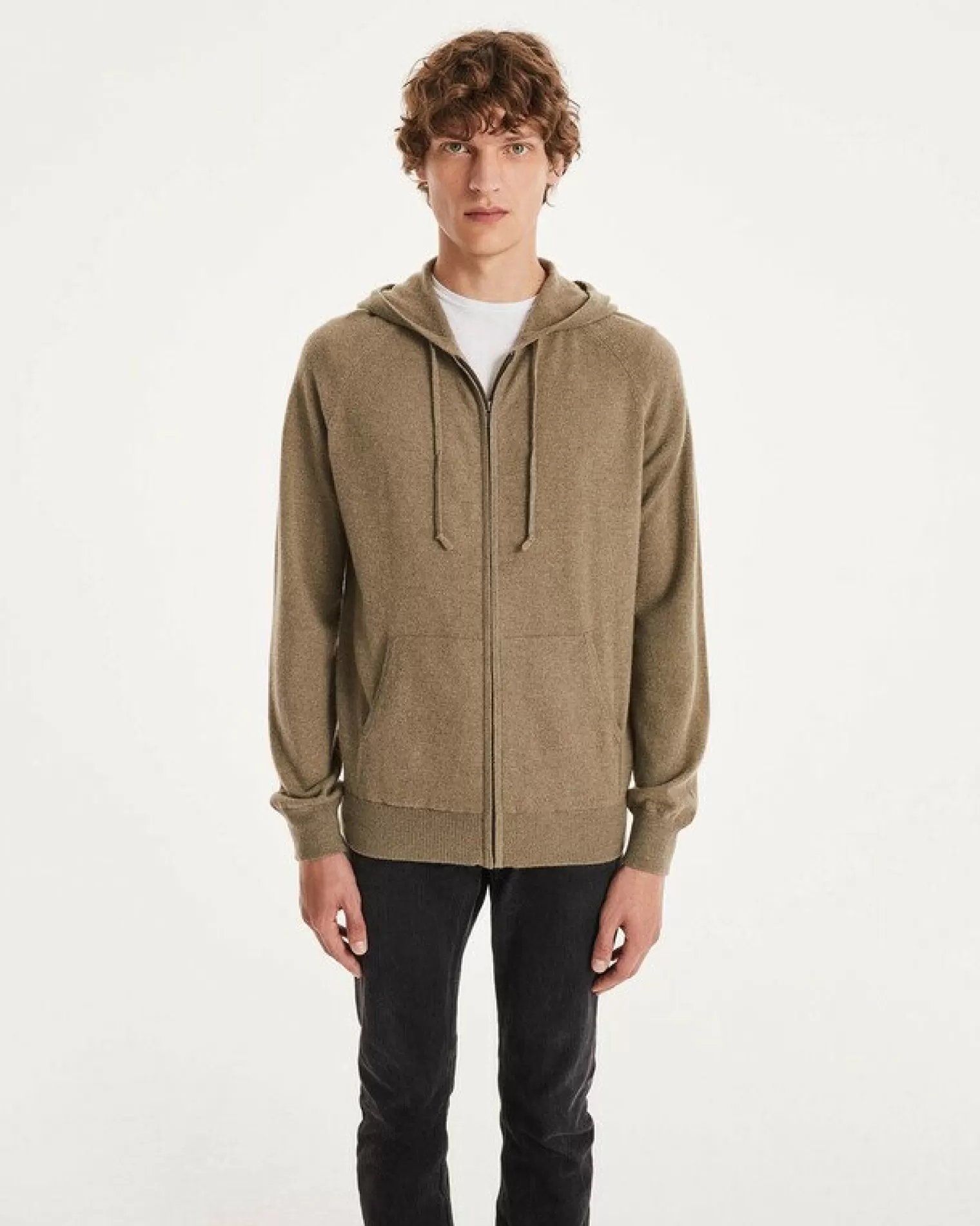 Kujten Hoodies>Cashmere Zipped Hooded Jacket Kaki Chine