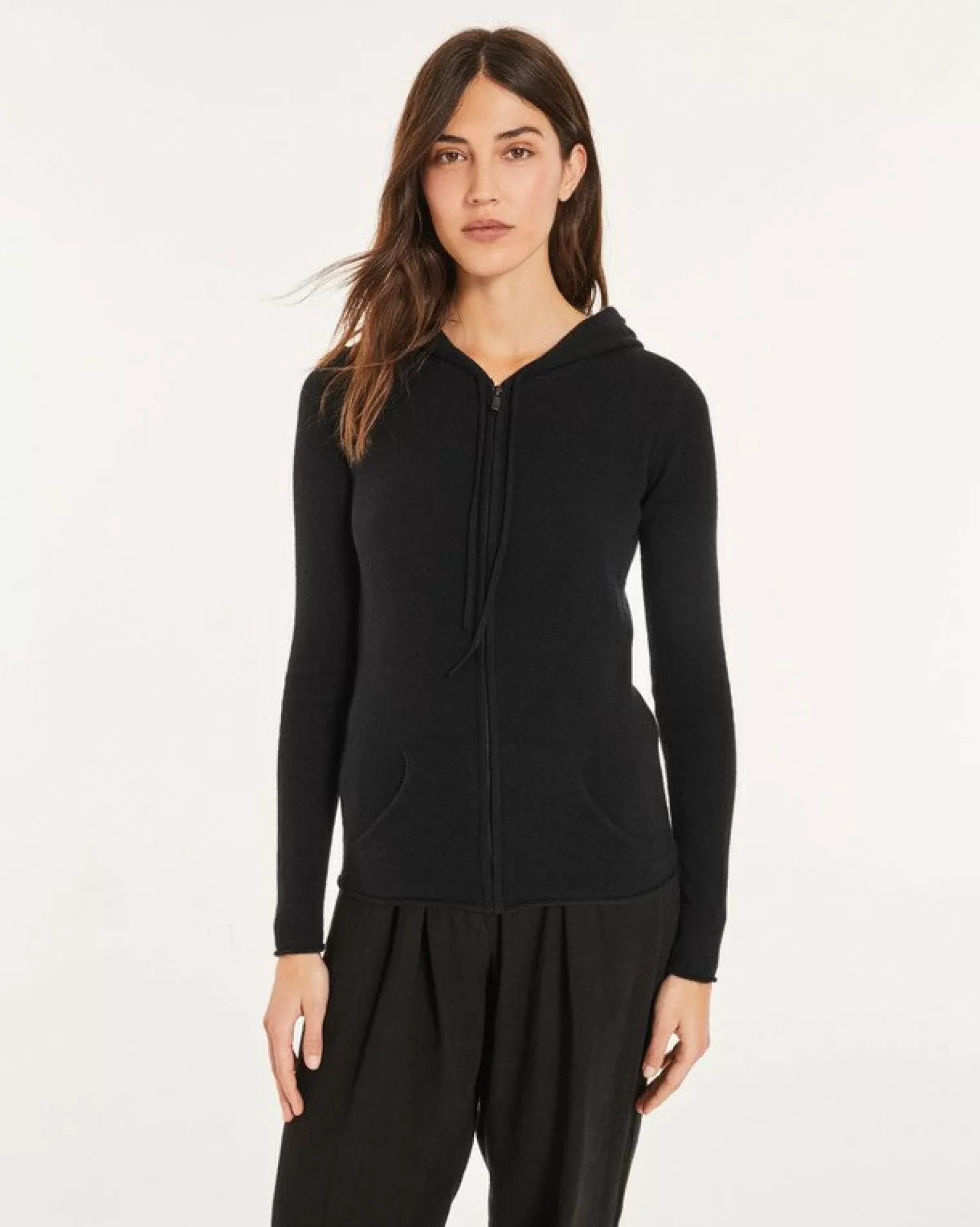 Kujten Hoodies>Cashmere Zipped Hooded Jacket, 2-Threads Noir