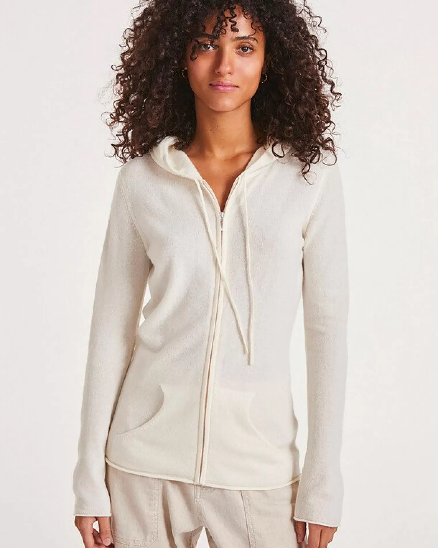 Kujten Hoodies>Cashmere Zipped Hooded Jacket, 2-Threads Blanc