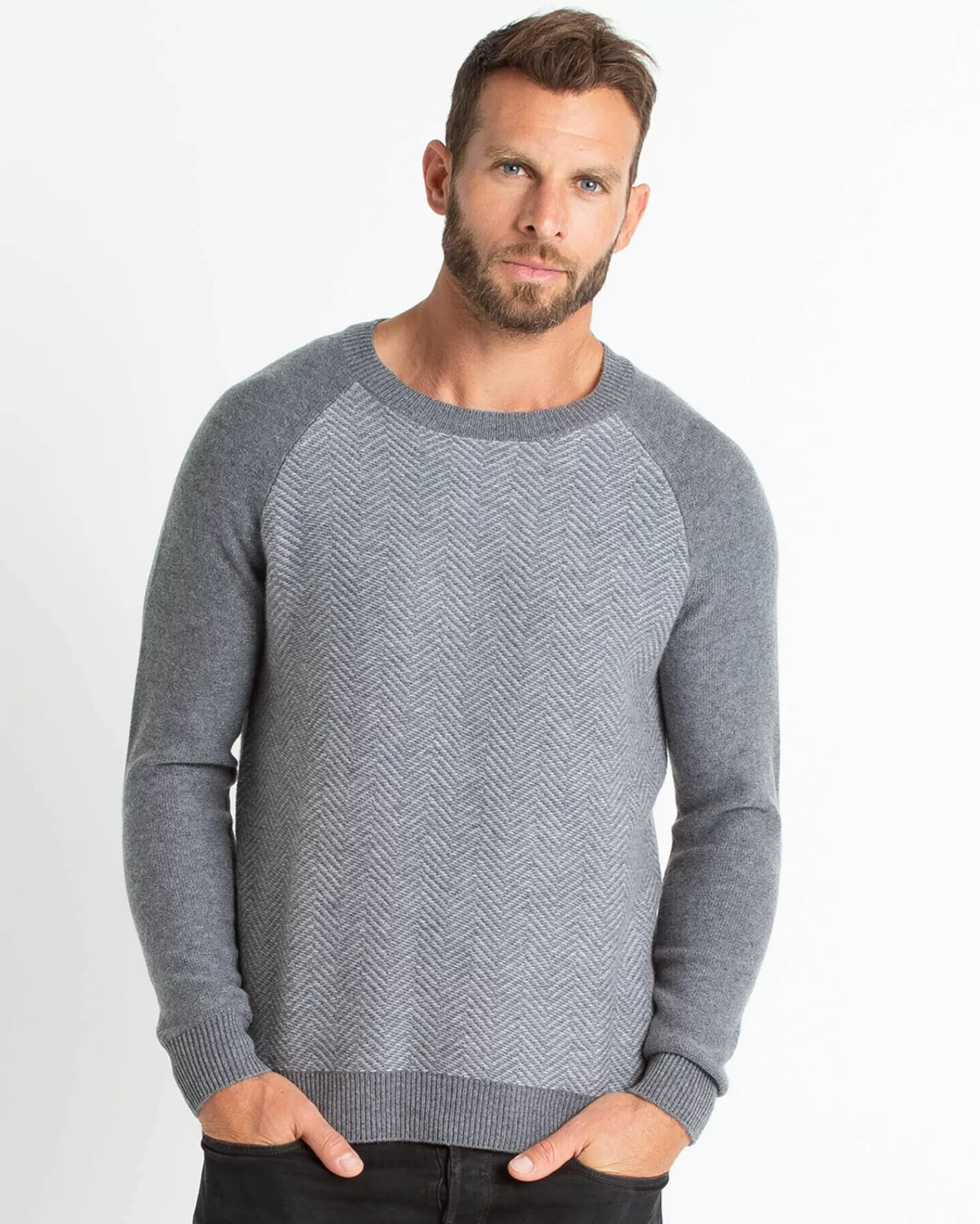 Kujten Sweaters & Sweatshirts>Chevron Round Neck Cashmere Sweater Gris Flanelle Mouline