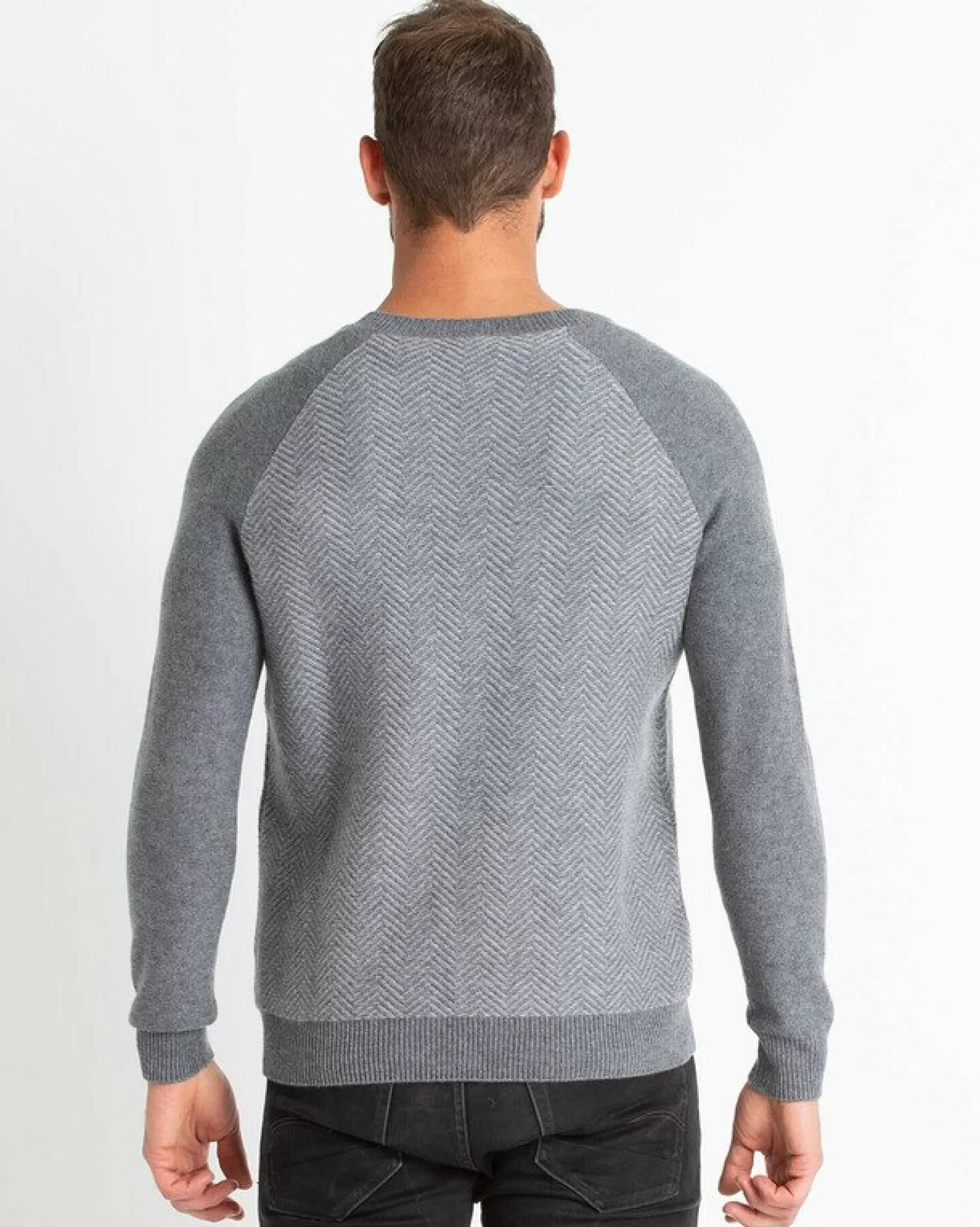 Kujten Sweaters & Sweatshirts>Chevron Round Neck Cashmere Sweater Gris Flanelle Mouline